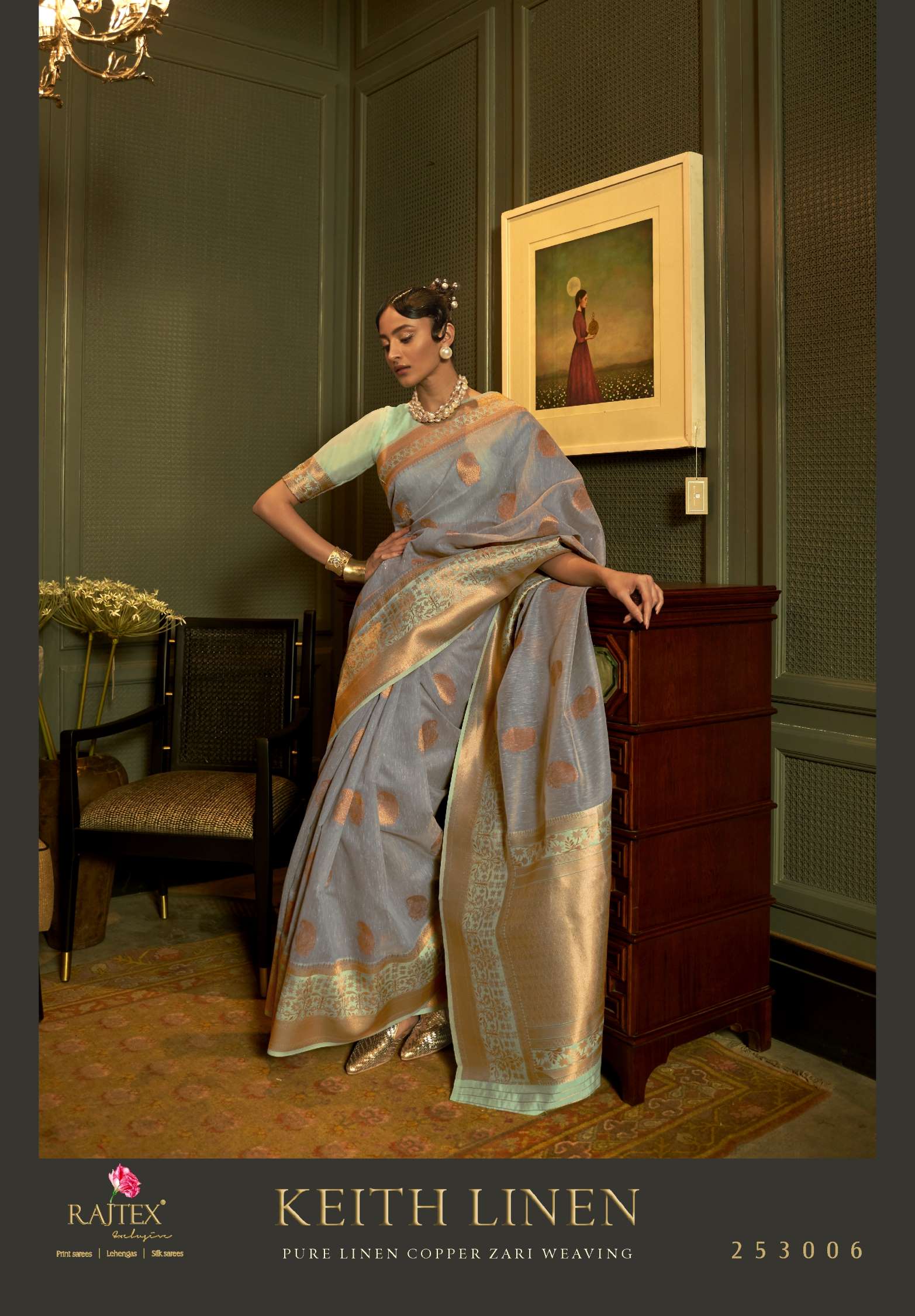 Rajtex Keith Pure Linen Copper Zari Weaving Silk Sarees