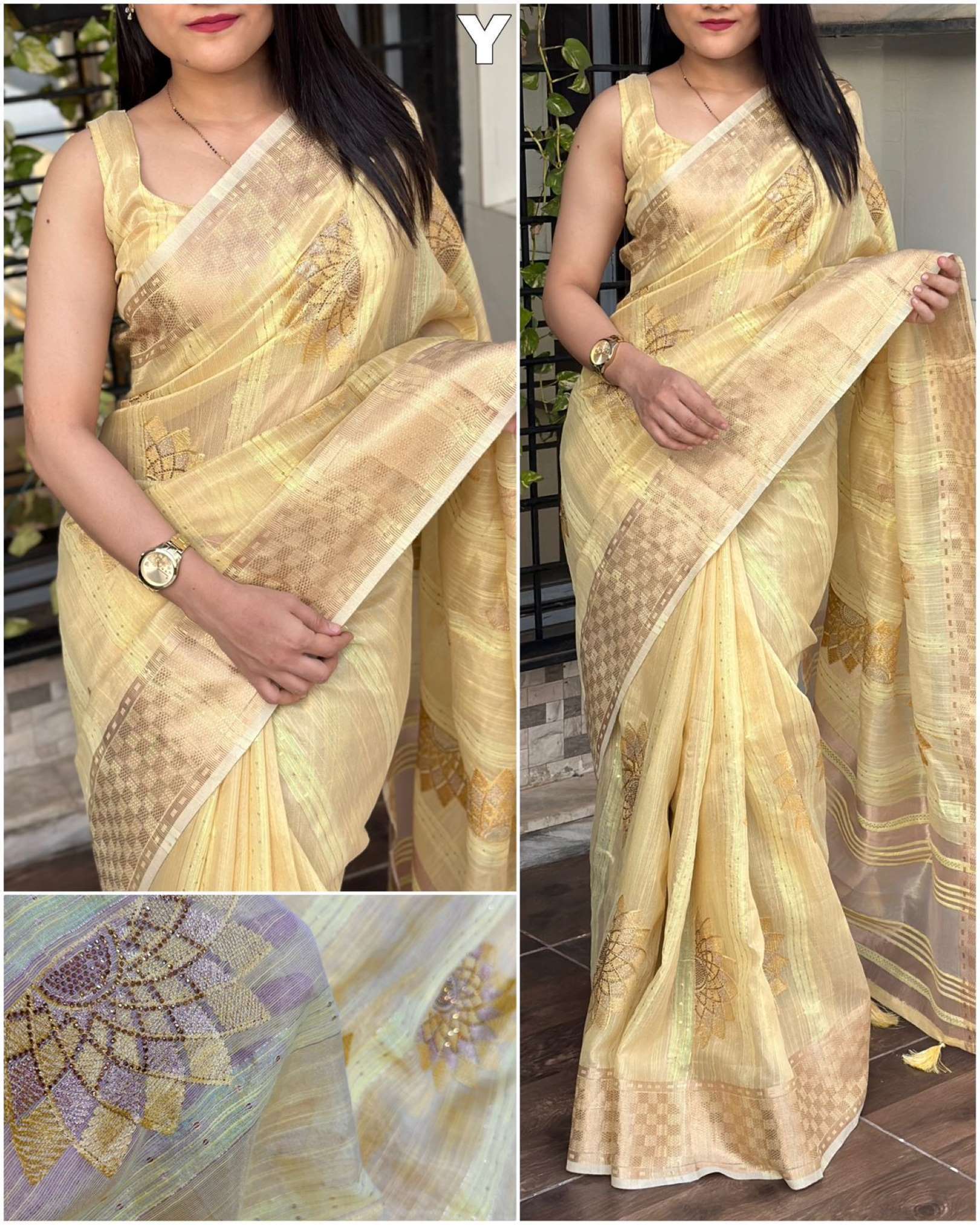 Minakari Party Wear Organza Linen Jacquard Thread Work Saree