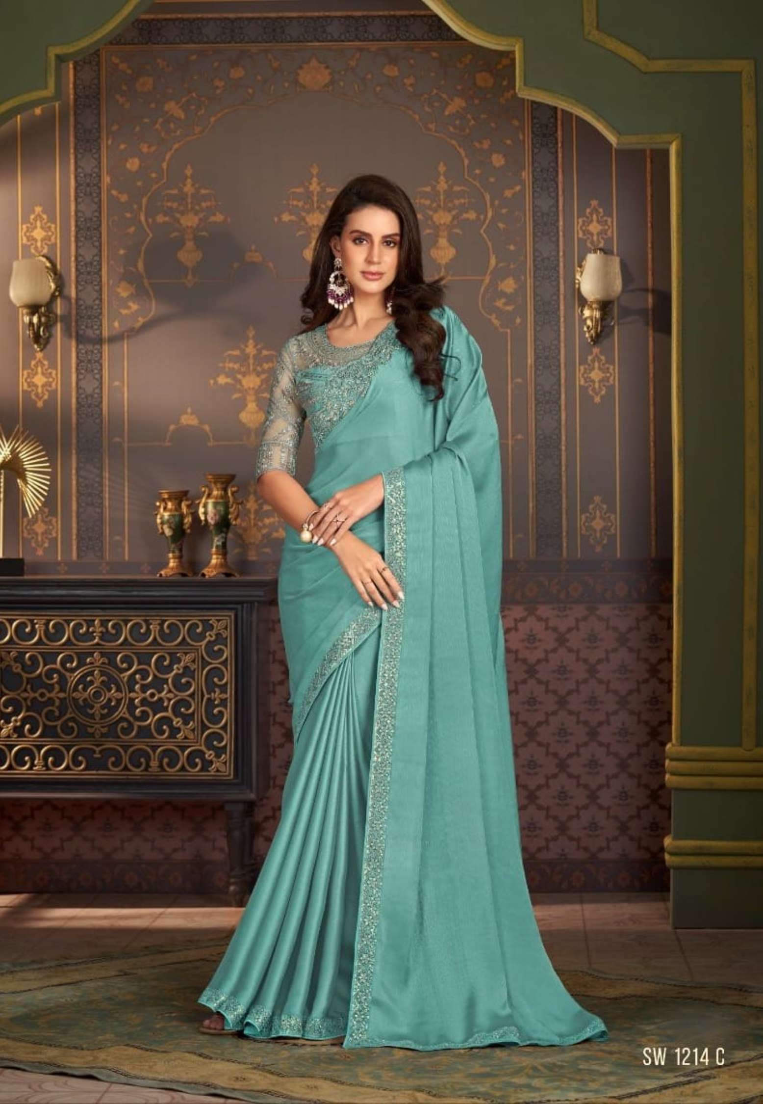 TFH Hit Designer Embroidery Satin Silk Chiffon Saree