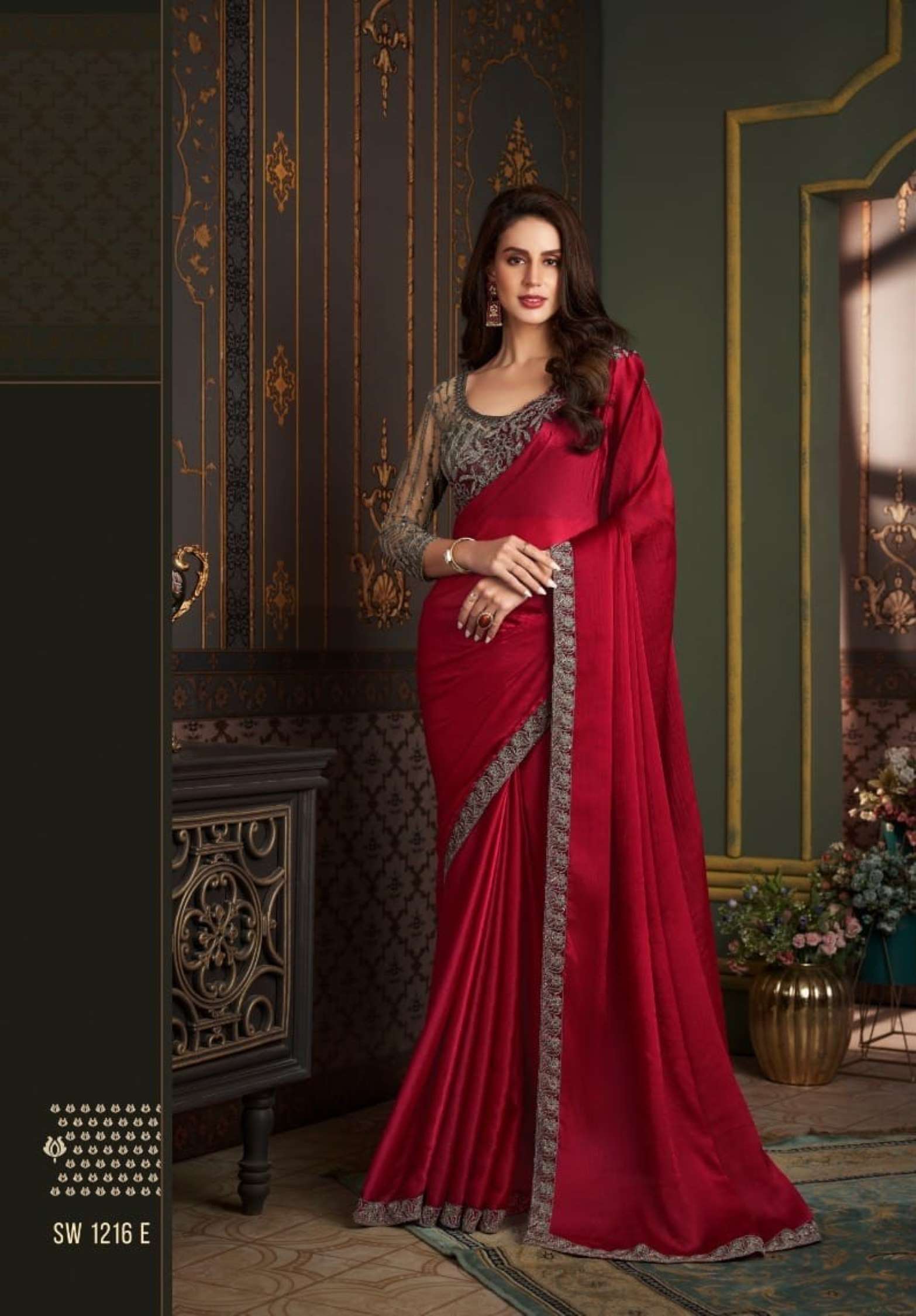 TFH Party wear Embroidery Satin Silk Chiffon Saree
