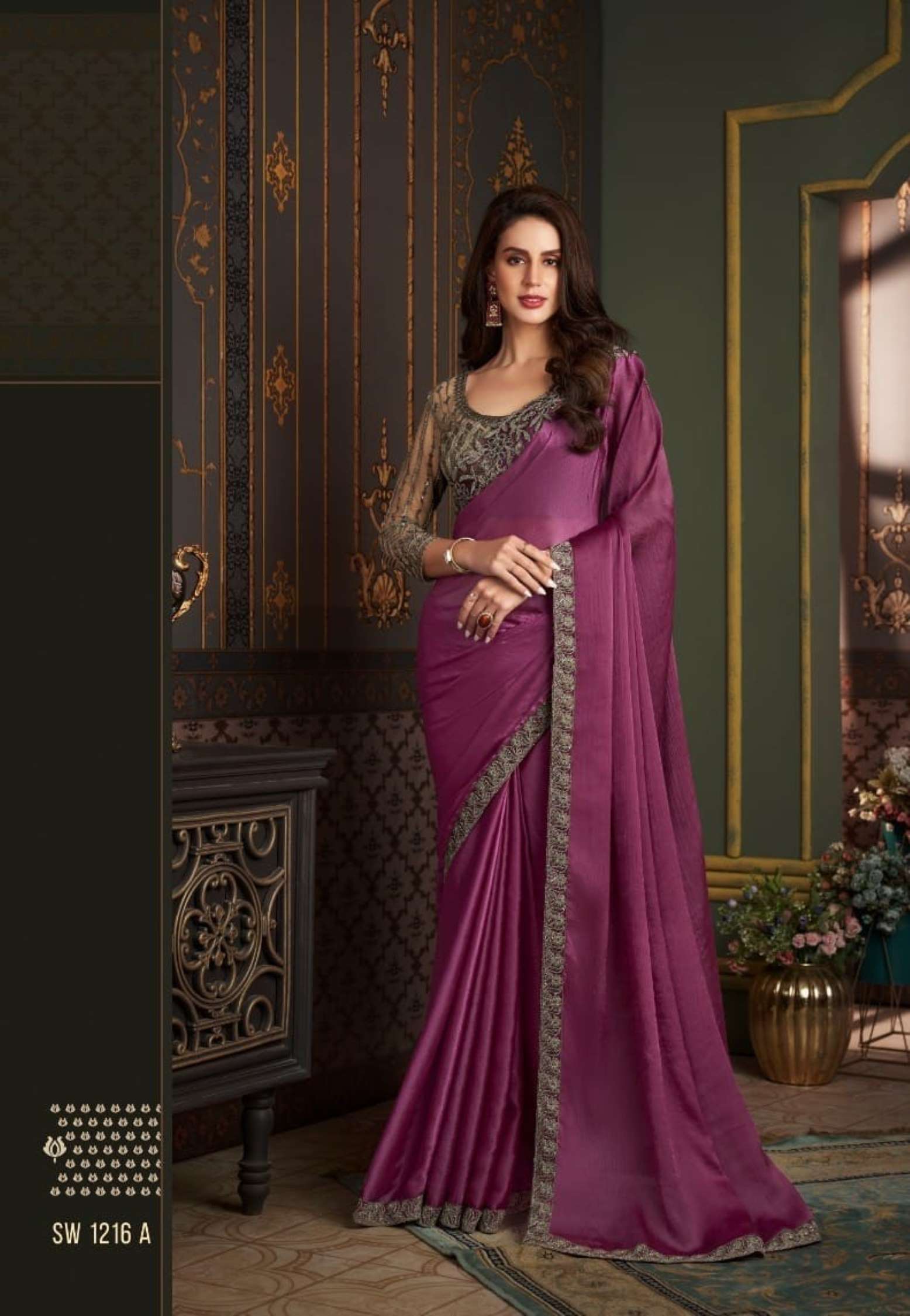 TFH Party wear Embroidery Satin Silk Chiffon Saree