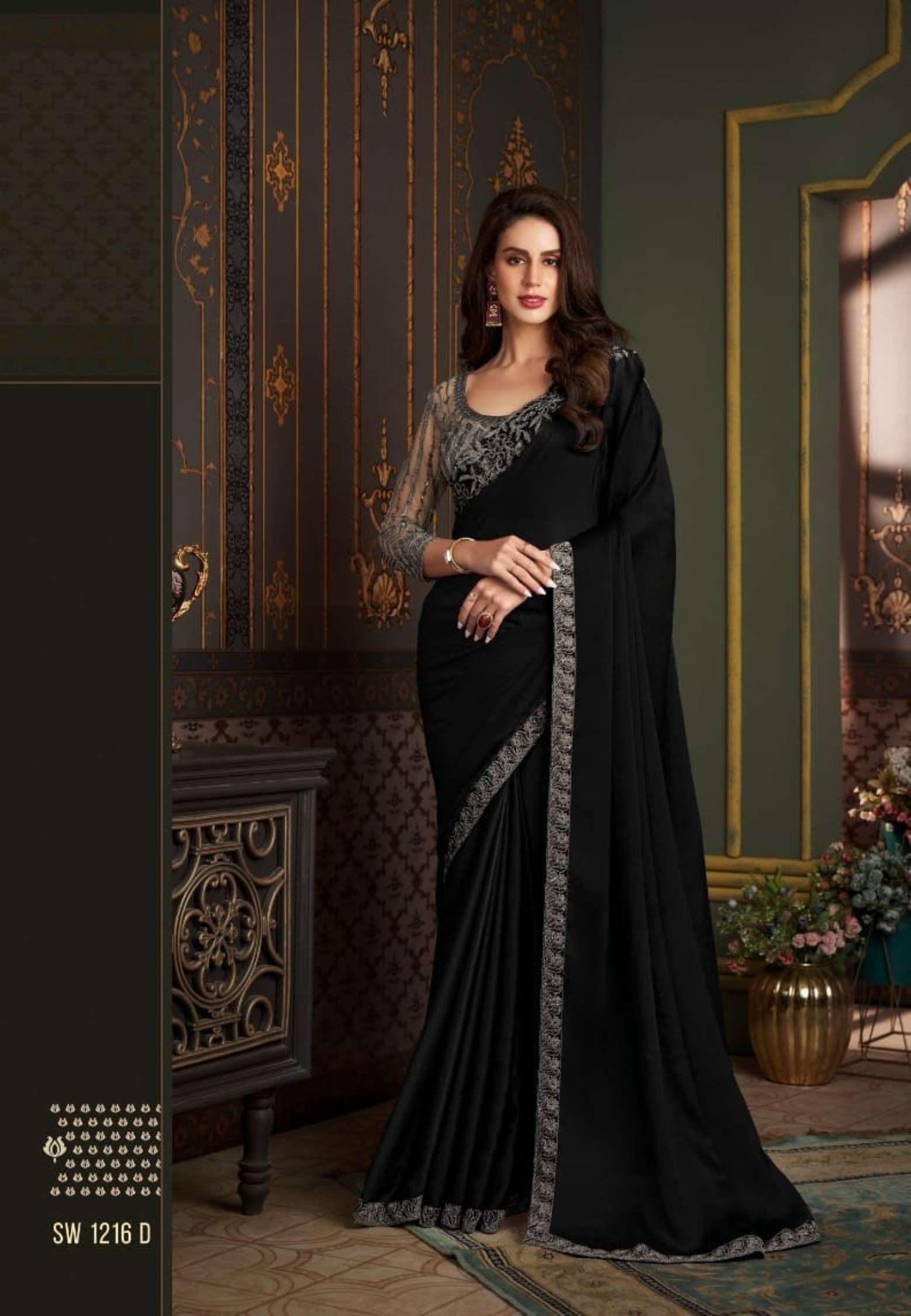 TFH Party wear Embroidery Satin Silk Chiffon Saree