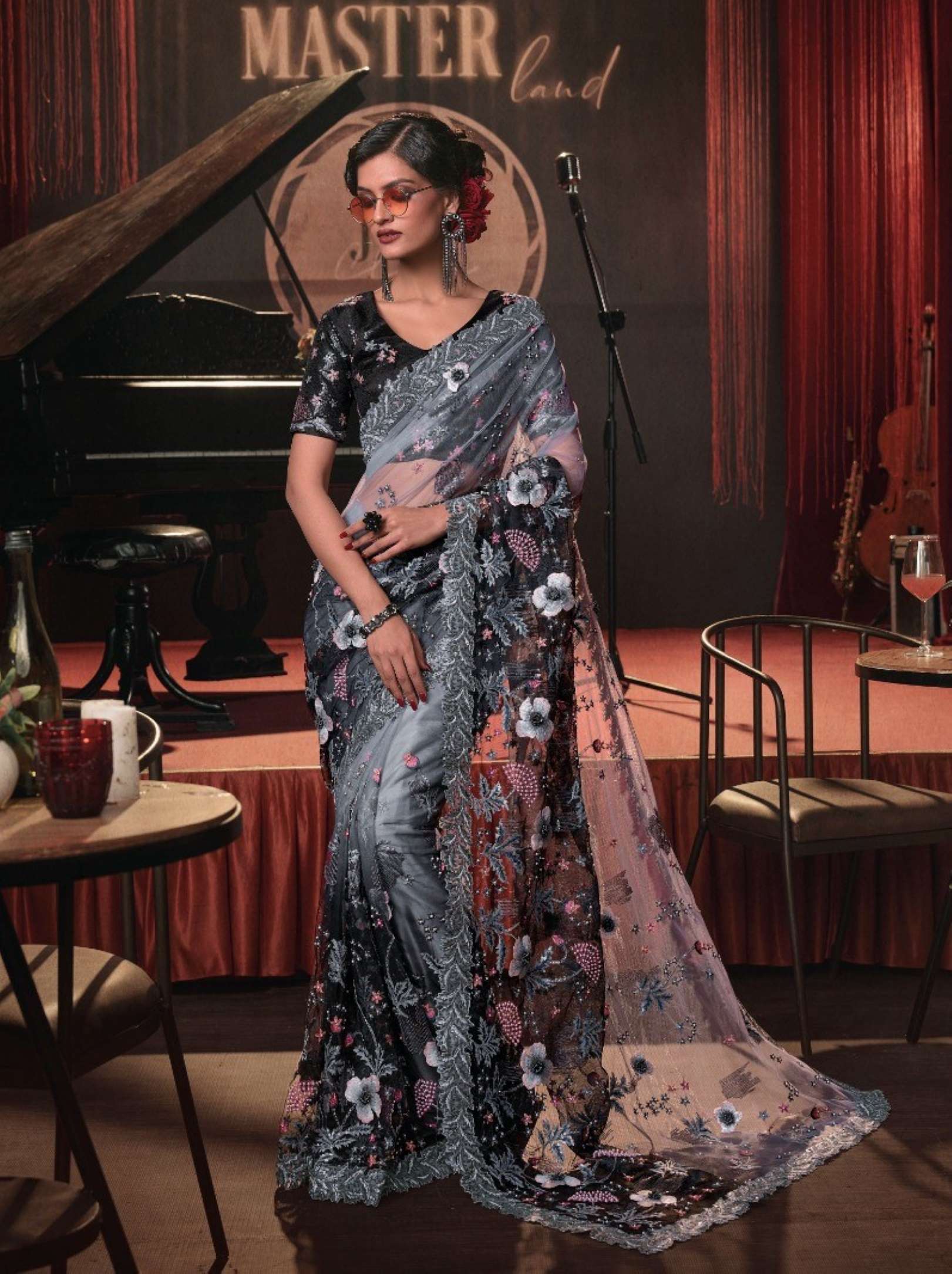Sumshy Swarovski Party Wear Digital Net Saree