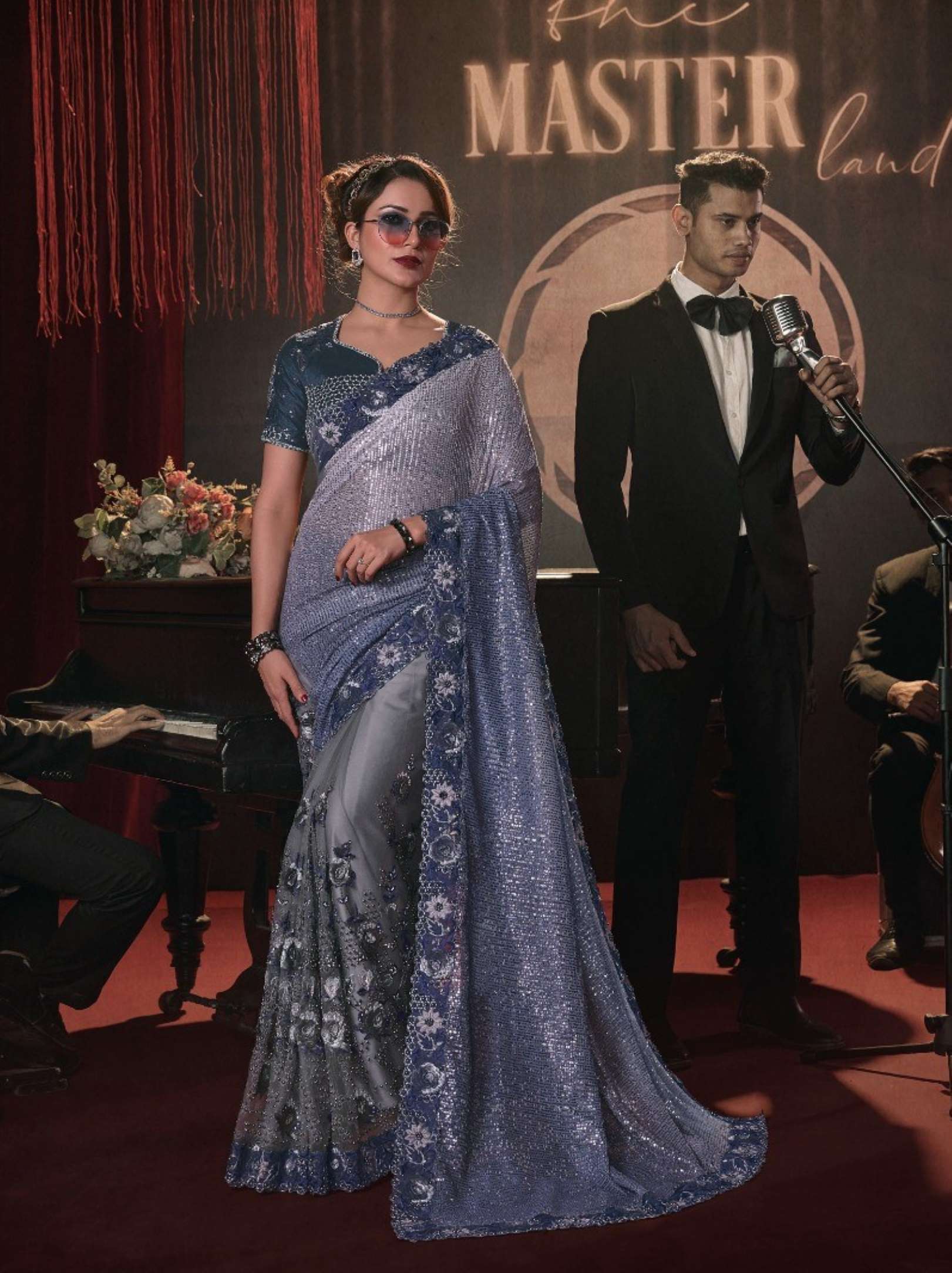 Sumshy Swarovski Party Wear Digital Net Saree