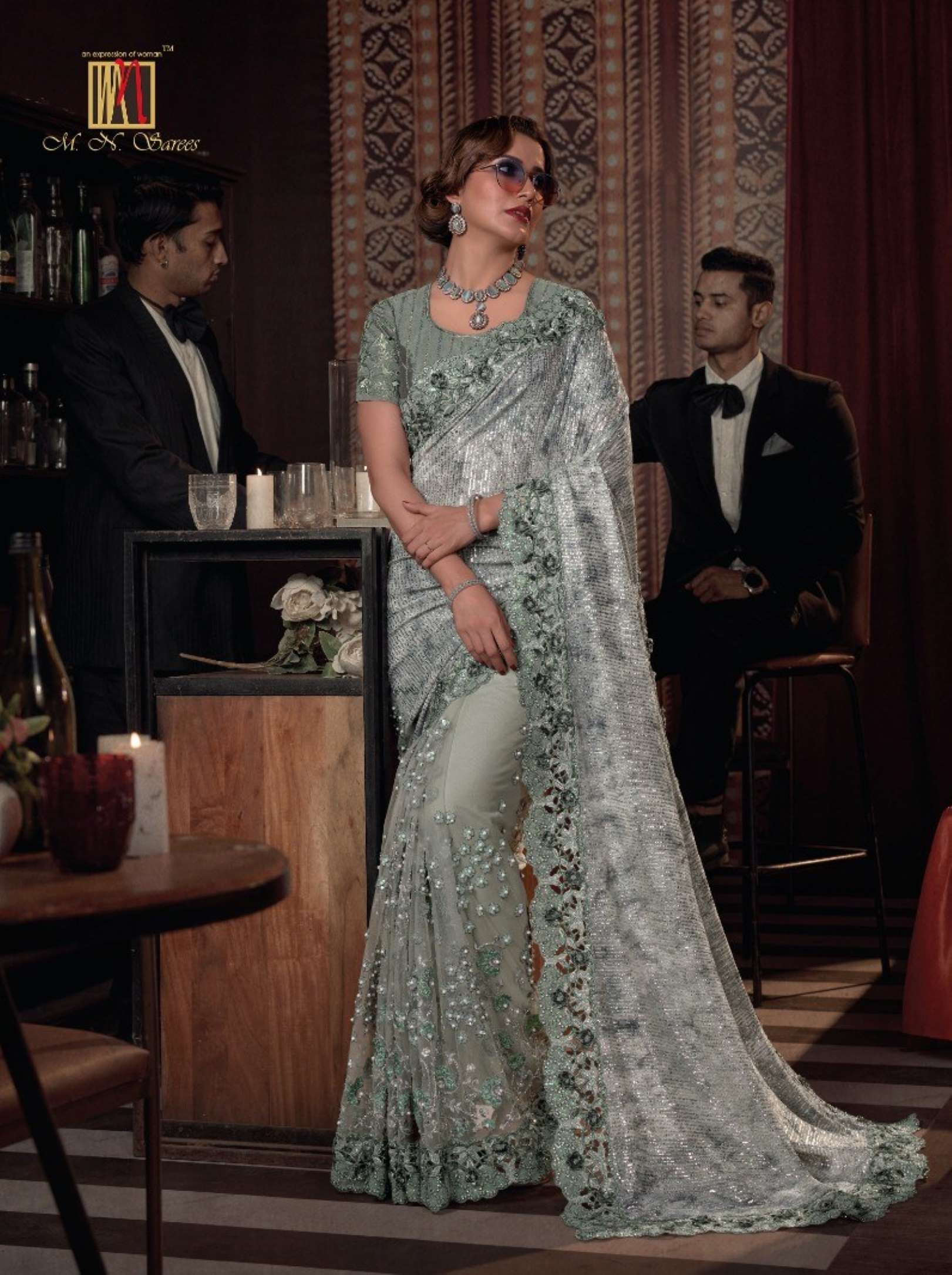 Sumshy Swarovski Party Wear Digital Net Saree