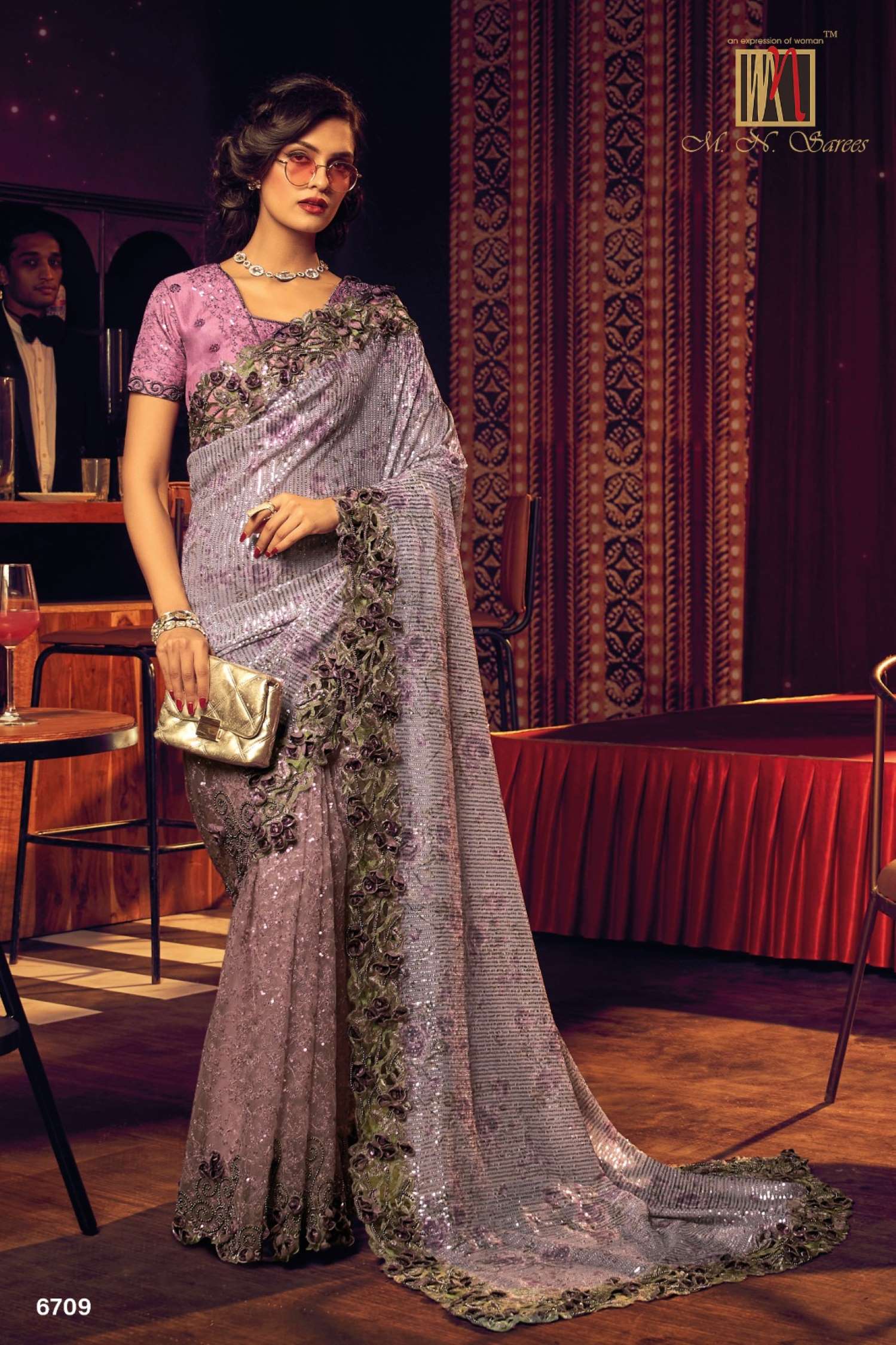 Sumshy Swarovski Designer Digital Net Saree