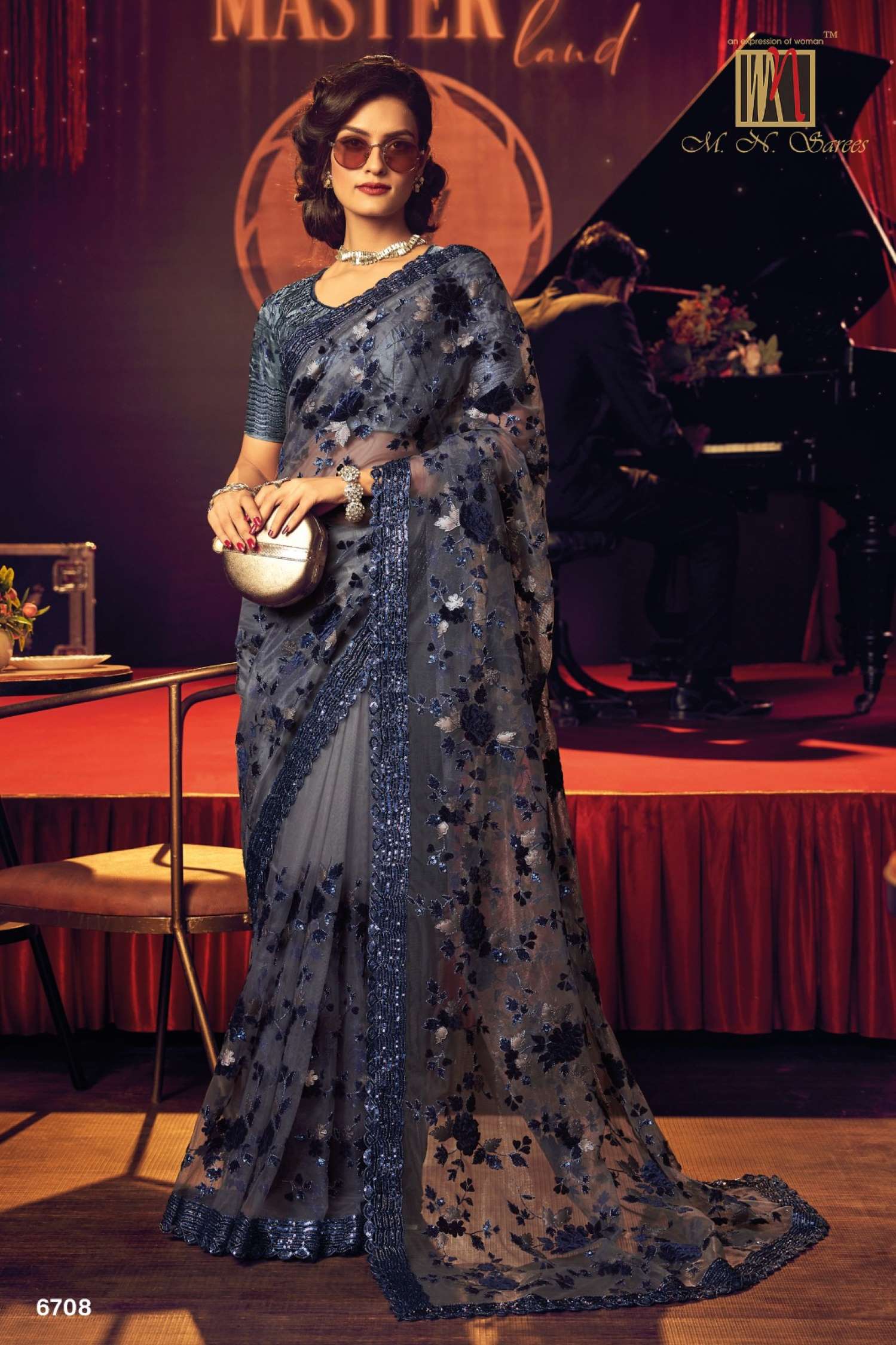 Sumshy Swarovski Designer Digital Net Saree