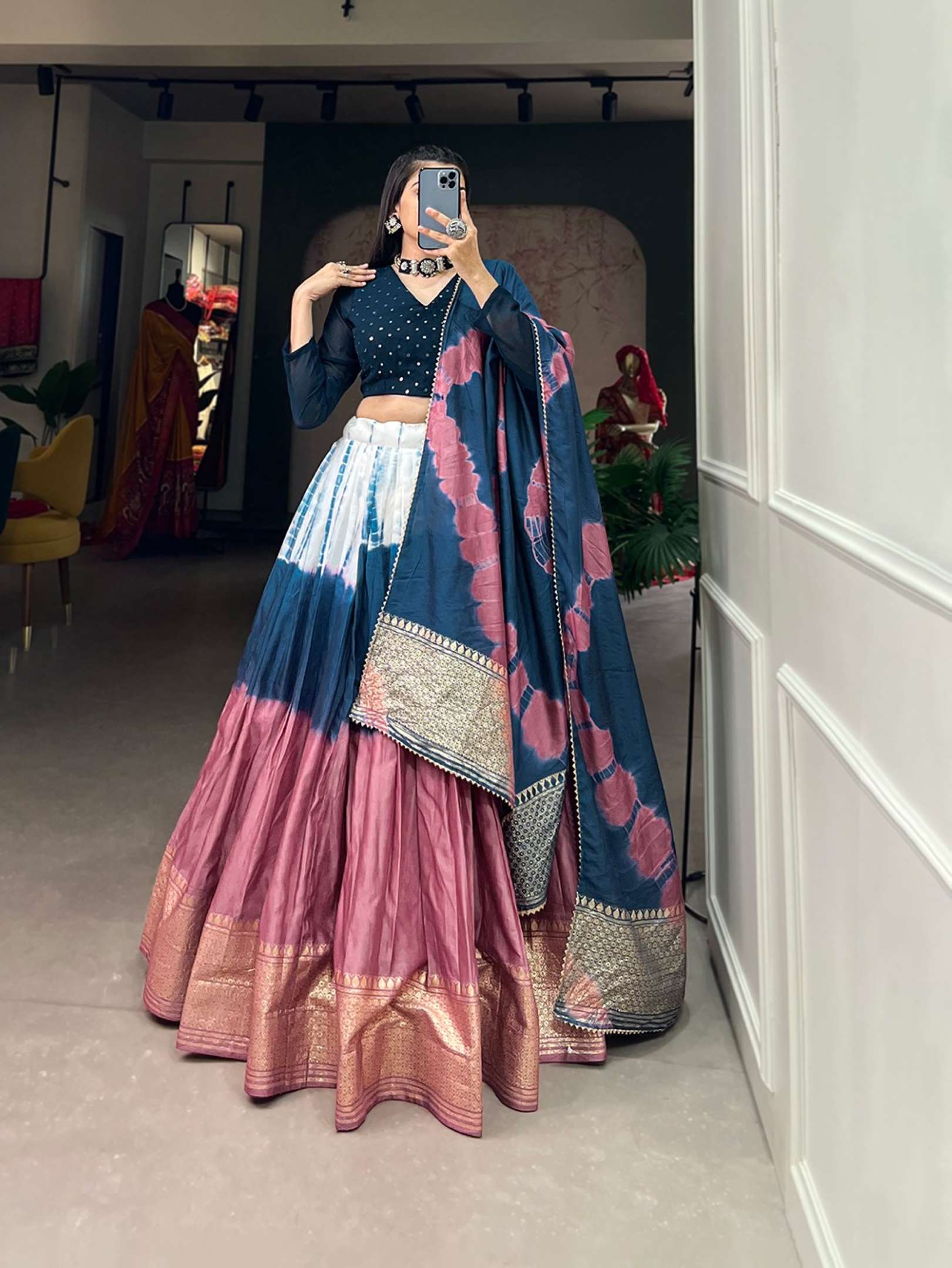 Sumshy Shibori Printed Pure Chanderi Lehenga Choli