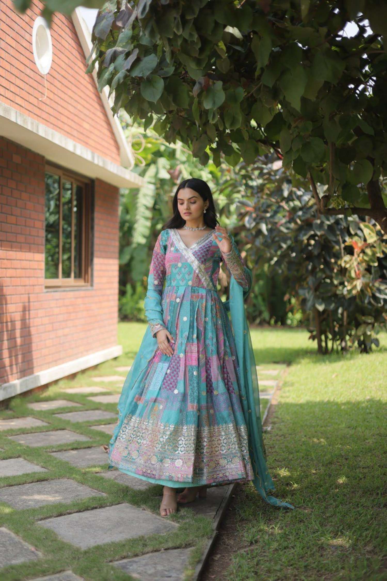 Sumshy Digital Printed Russian Silk Gown With Dupatta
