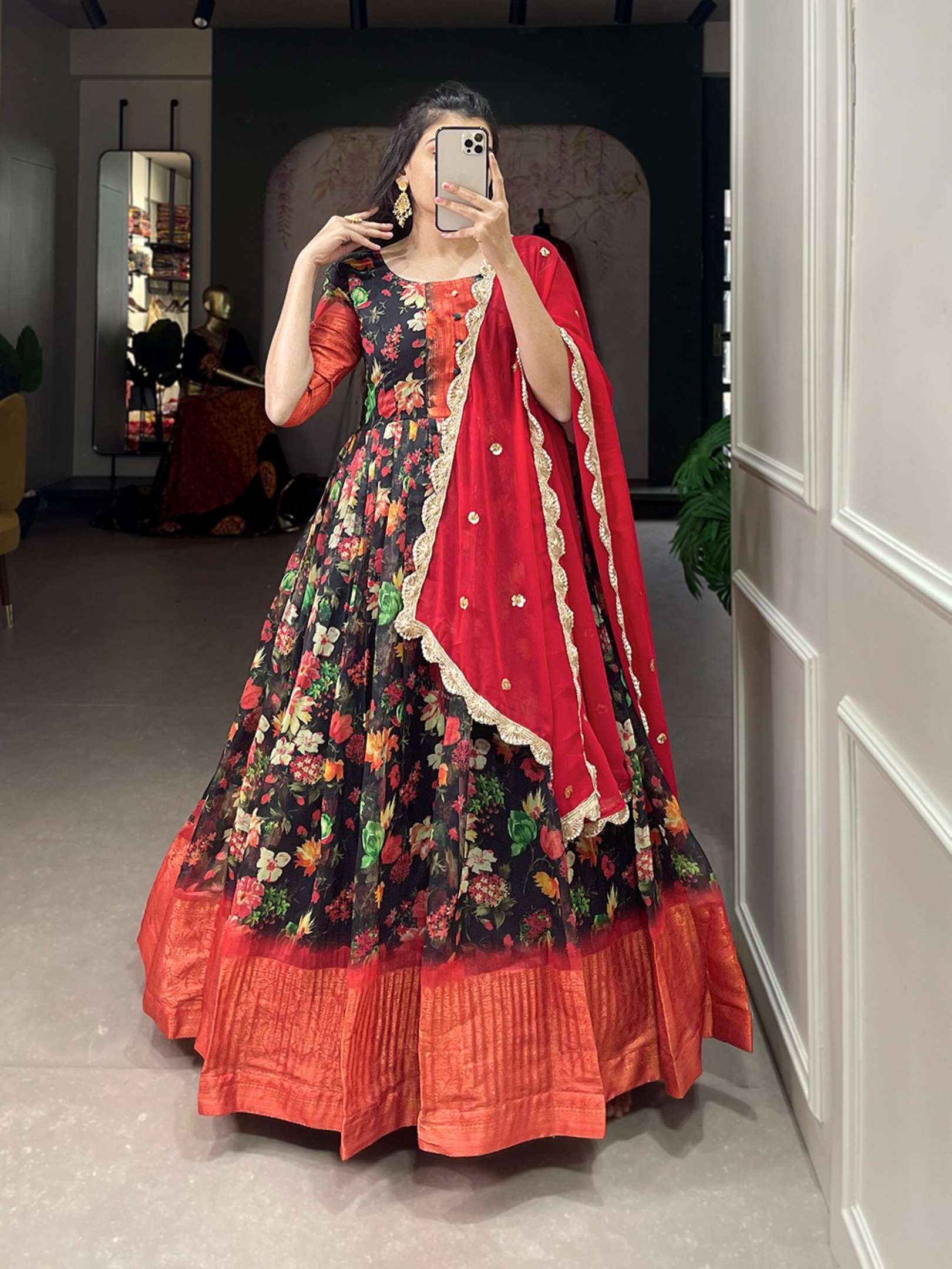 Sumshy Ladies Beautiful Printed Soft Chanderi Gown With Dupatta