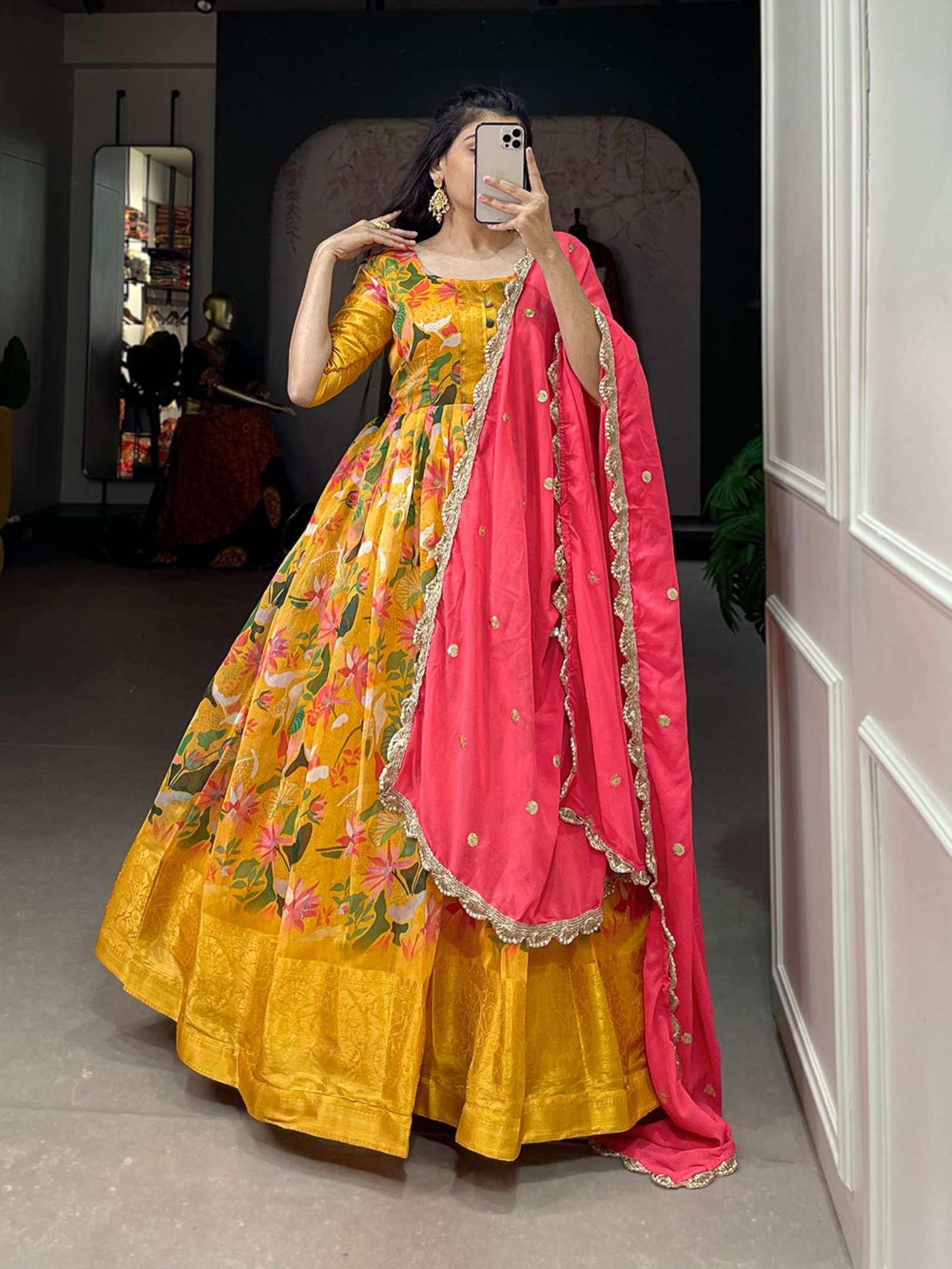 Sumshy Ladies Beautiful Printed Soft Chanderi Gown With Dupatta