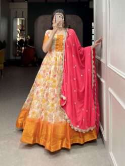 Sumshy Ladies Beautiful Printed Soft Chanderi Gown With Dupatta