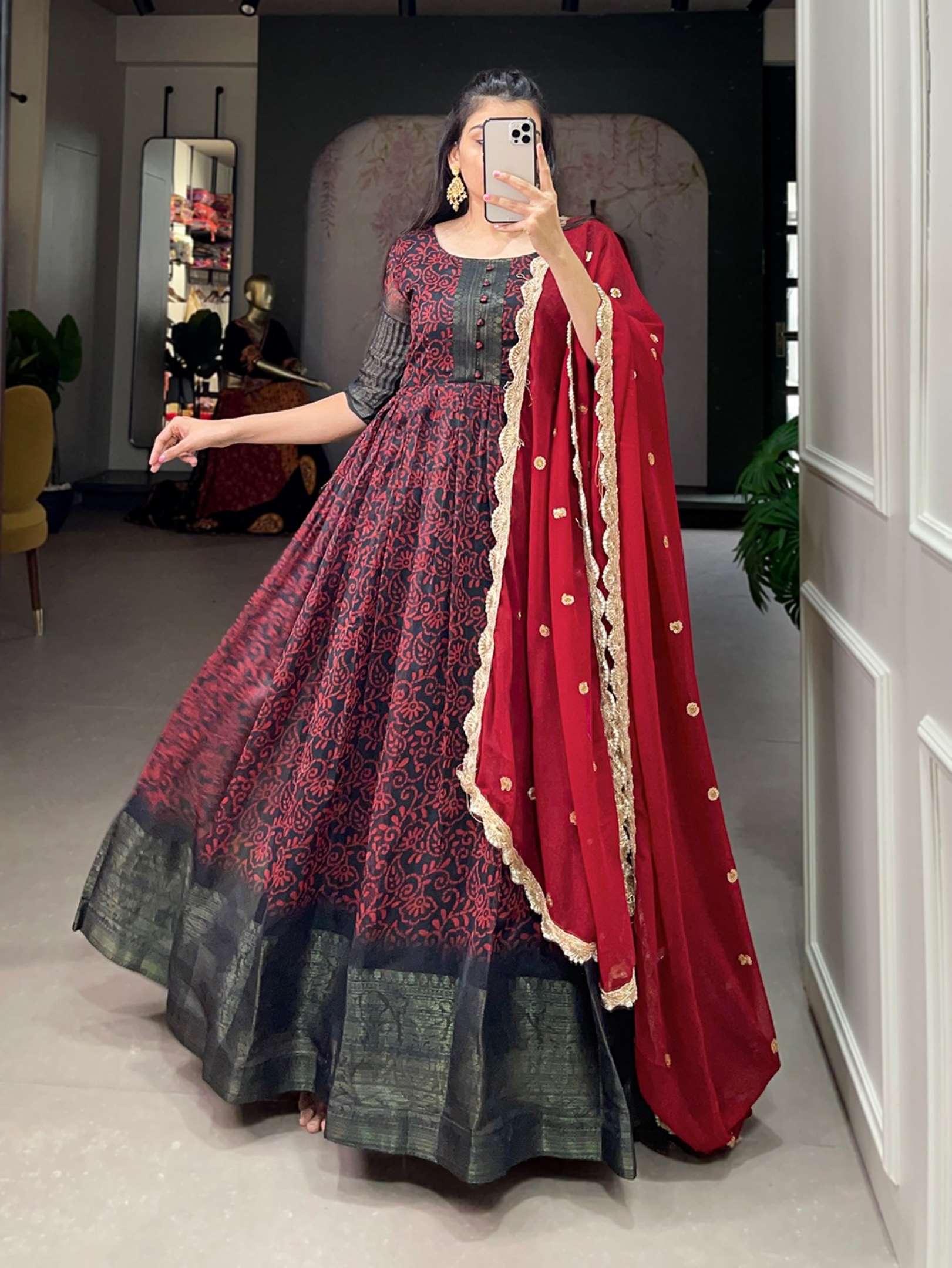 Sumshy Ladies Beautiful Printed Soft Chanderi Gown With Dupatta