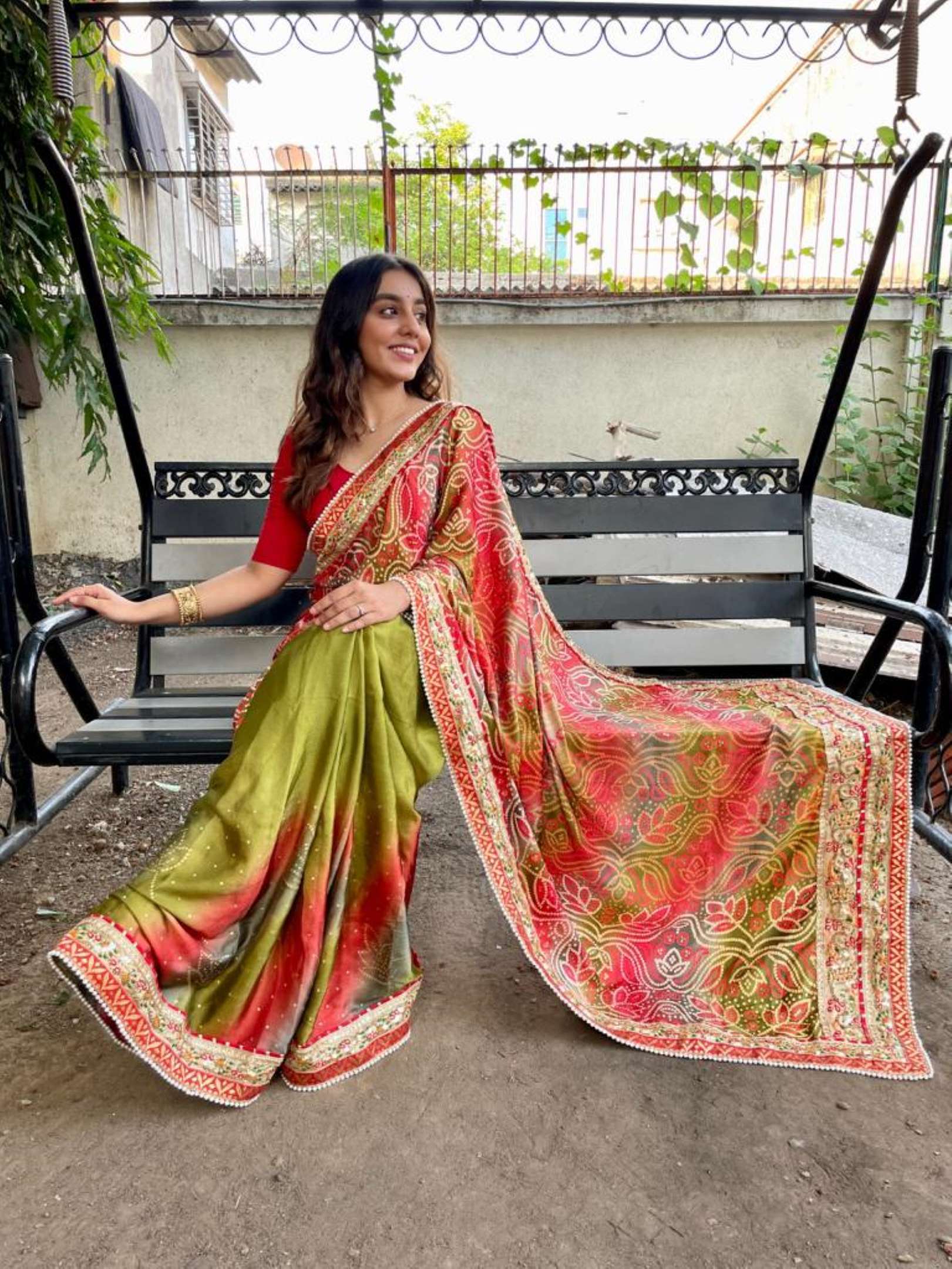 Sumshy Achavi Bandhani Printed Moss Chiffon Sarees