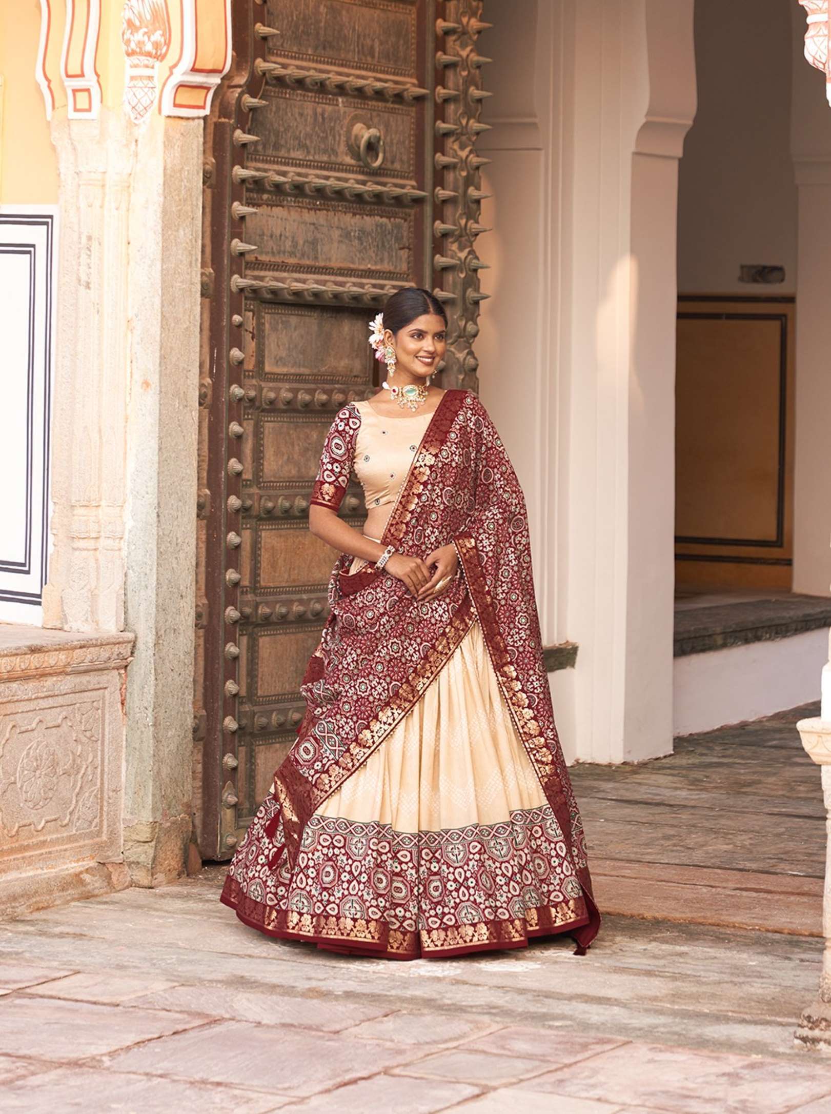 Sumshy Ajarakh Foil Printed Tussar Silk Lehenga Choli