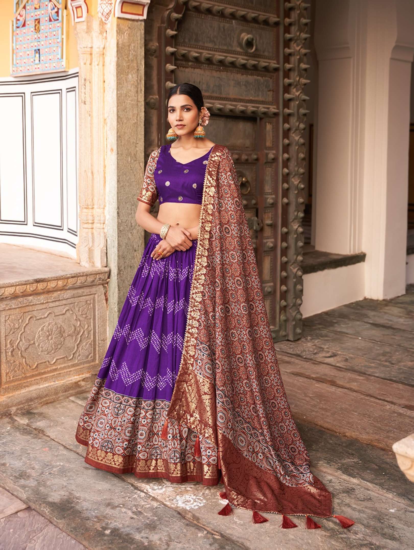Sumshy Ajarakh Foil Printed Tussar Silk Lehenga Choli