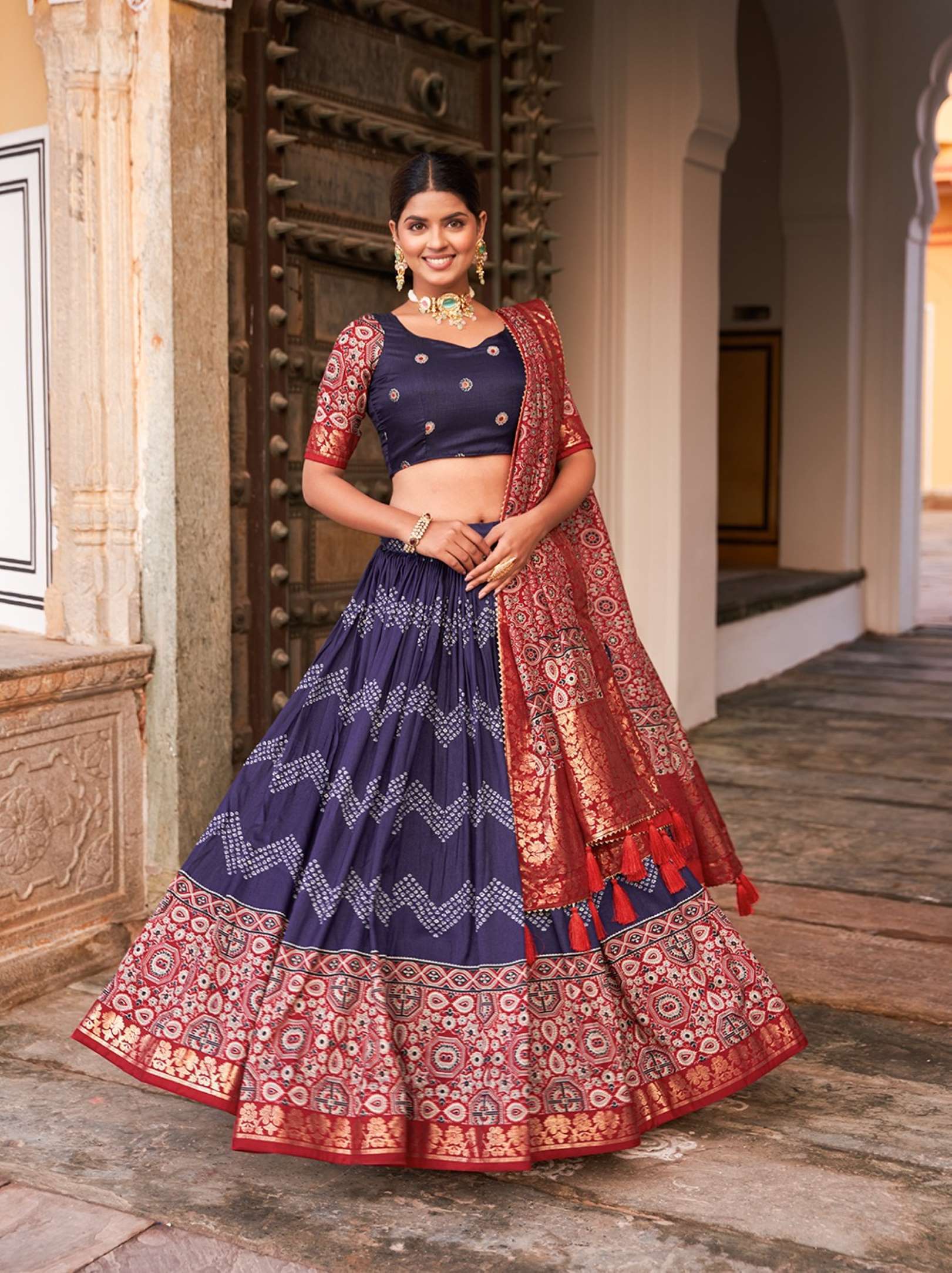 Sumshy Ajarakh Foil Printed Tussar Silk Lehenga Choli