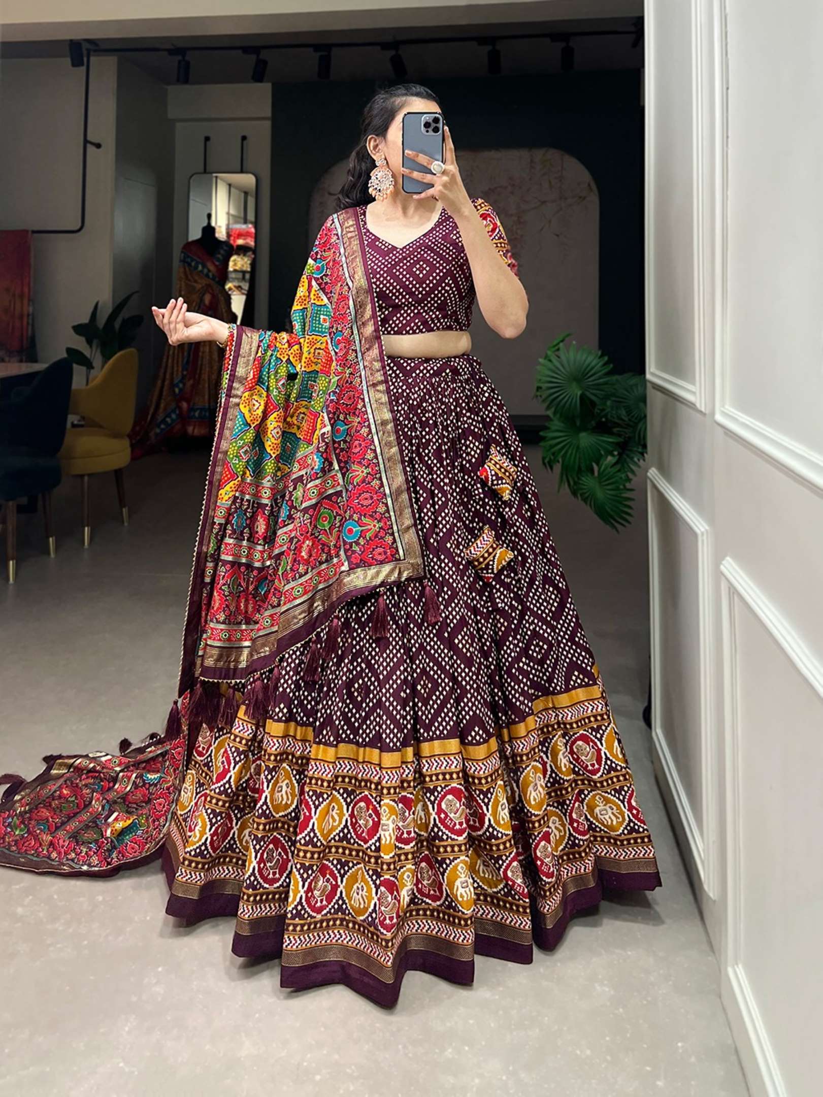 Sumshy Bandhej Patola Printed Tussar Silk Lehenga Choli