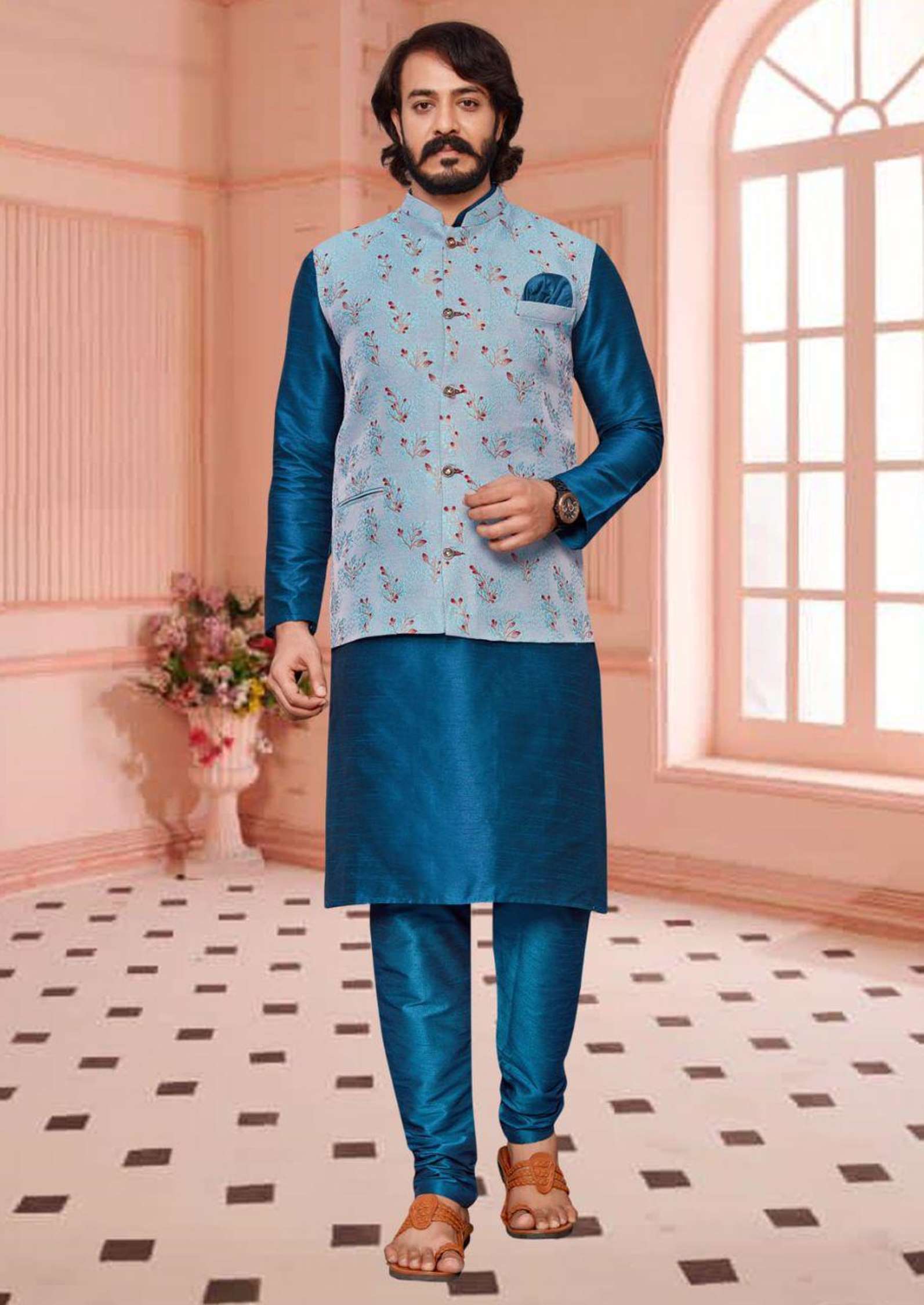Sumshy Silk Lakhanavi Mens Kurta Pajama With Koti