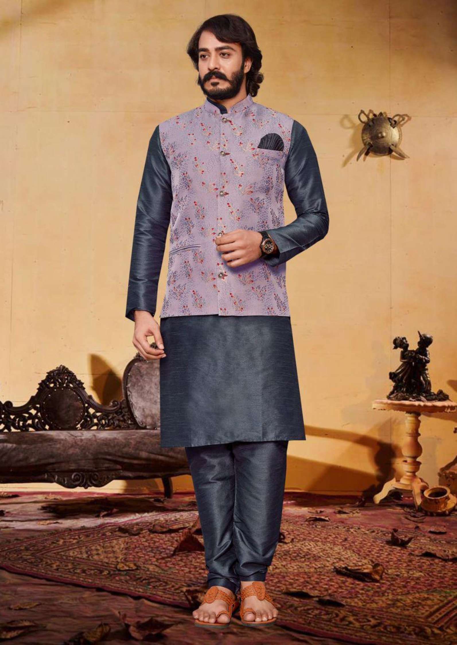 Sumshy Silk Lakhanavi Mens Kurta Pajama With Koti