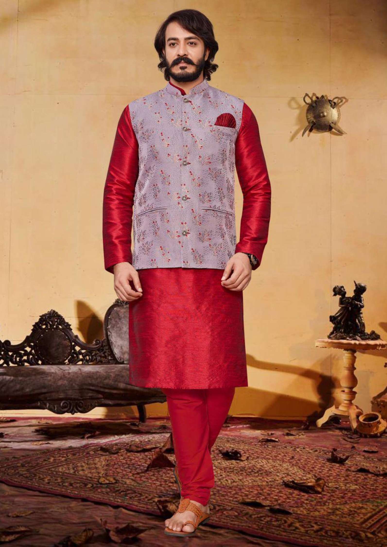 Sumshy Silk Lakhanavi Mens Kurta Pajama With Koti