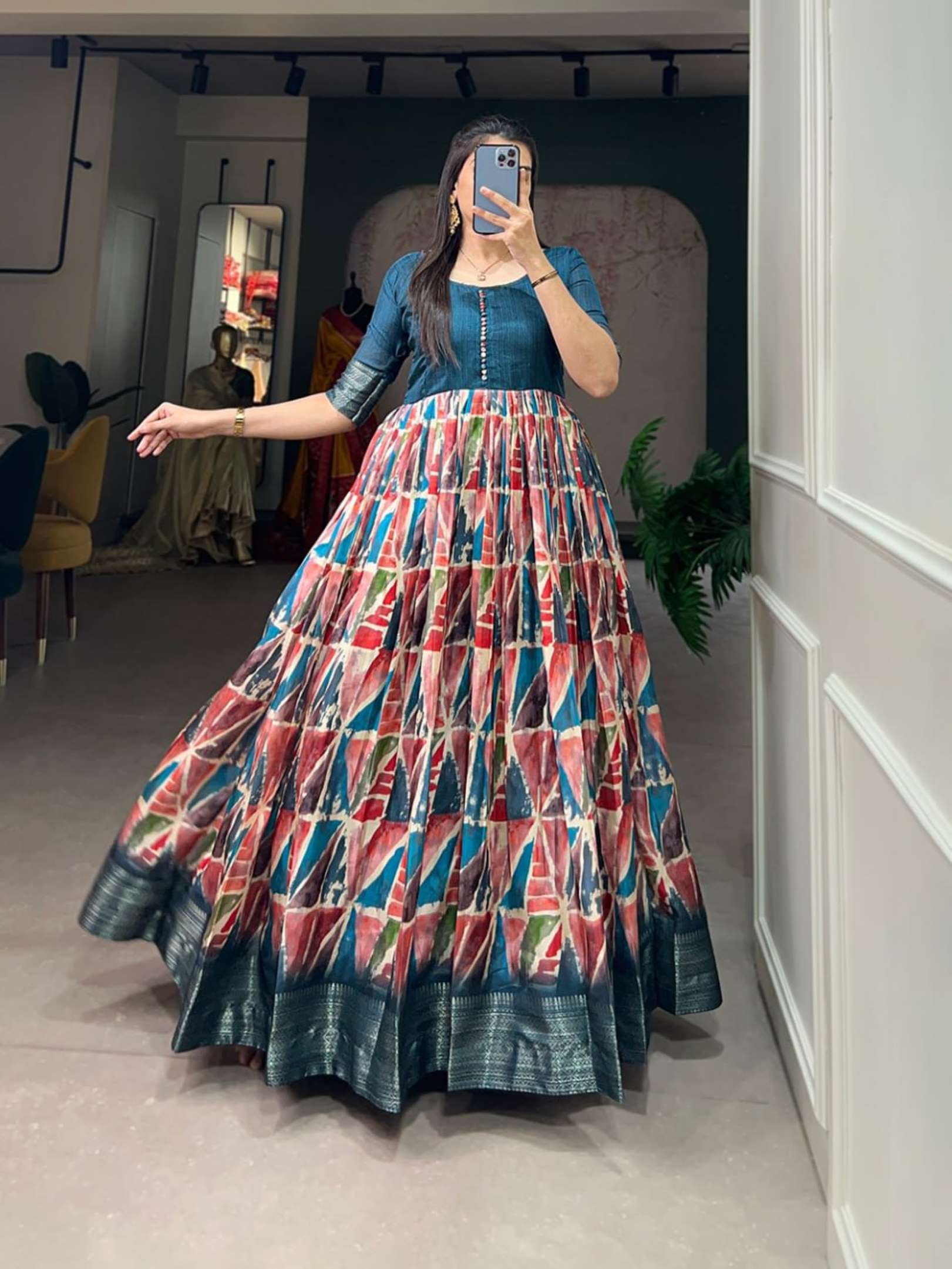 Sumshy Wedding Wear Printed Dola Silk Gown