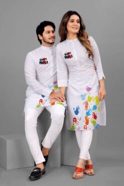 Sumshy Holi Print Semi Cotton Couple Holi Kurta Set