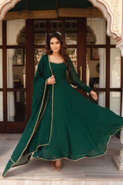 Sumshy Latest Faux Georgette Green Gown With Dupatta
