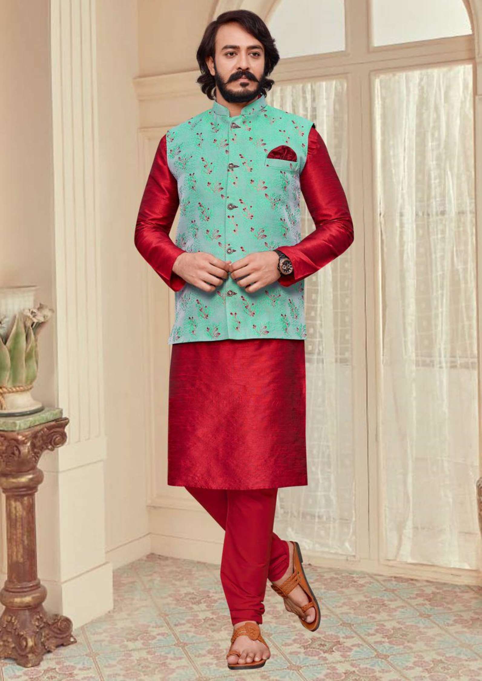 Sumshy Silk Lakhanavi Mens Kurta Pajama With Koti
