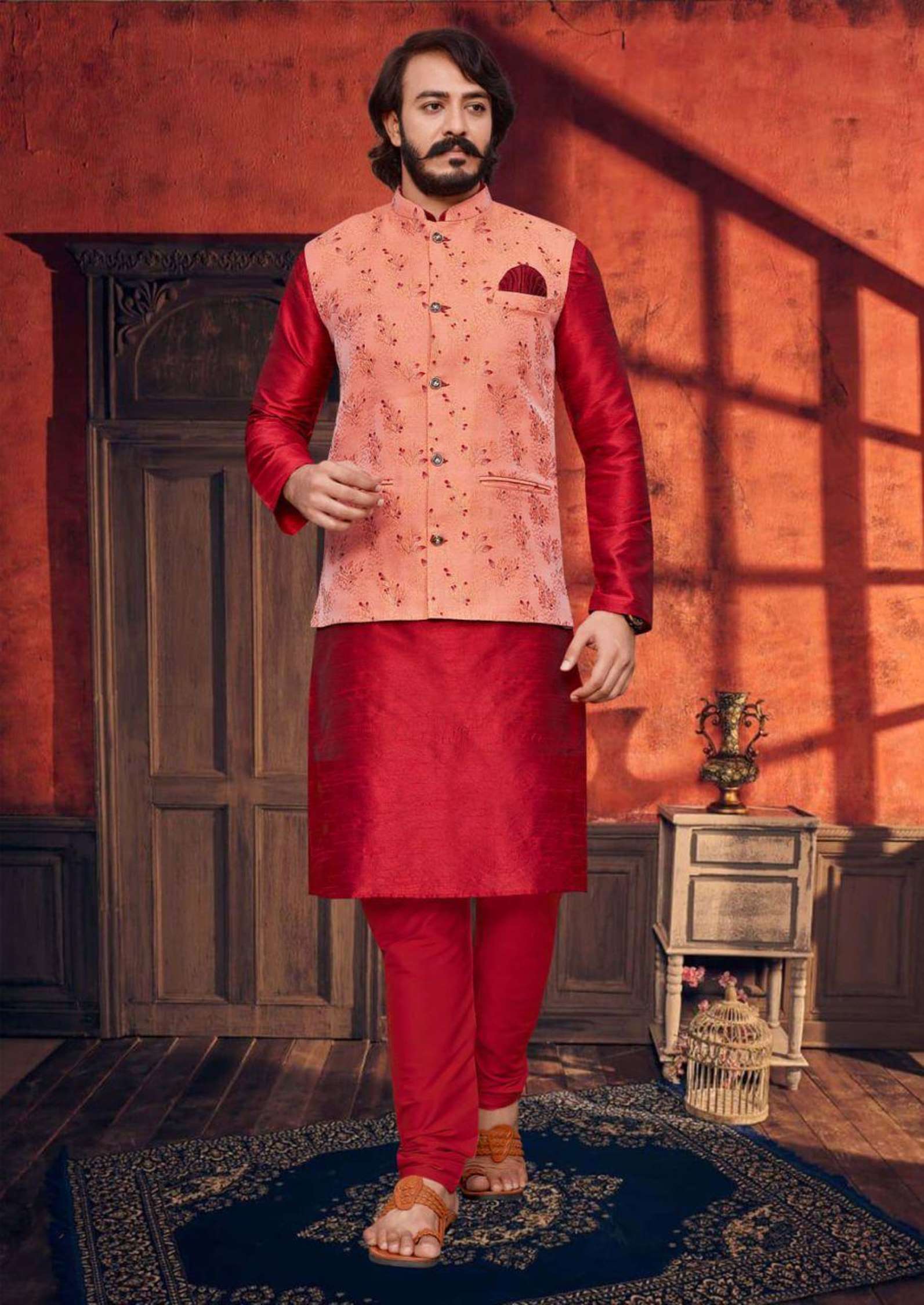Sumshy Silk Lakhanavi Mens Kurta Pajama With Koti