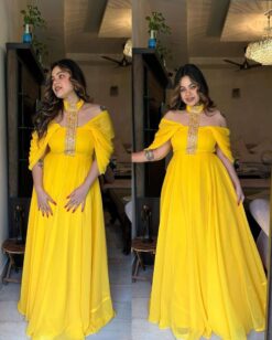 Sumshy Latest Designer Yellow Faux Georgette Gown
