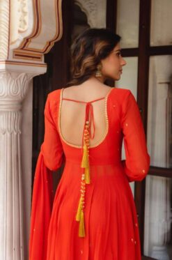 Sumshy Faux Georgette Orang Gown With Dupatta