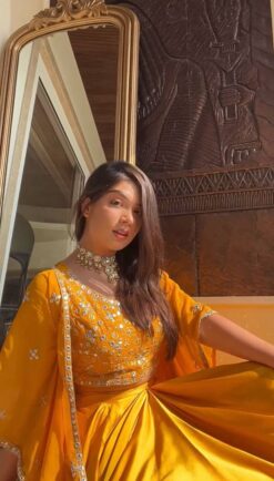 Sumshy Latest Yellow Sequence Japan Satin Indo Western Dress