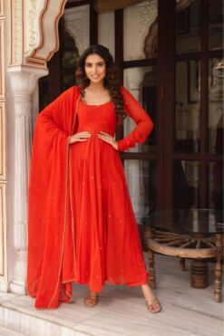 Sumshy Faux Georgette Orang Gown With Dupatta