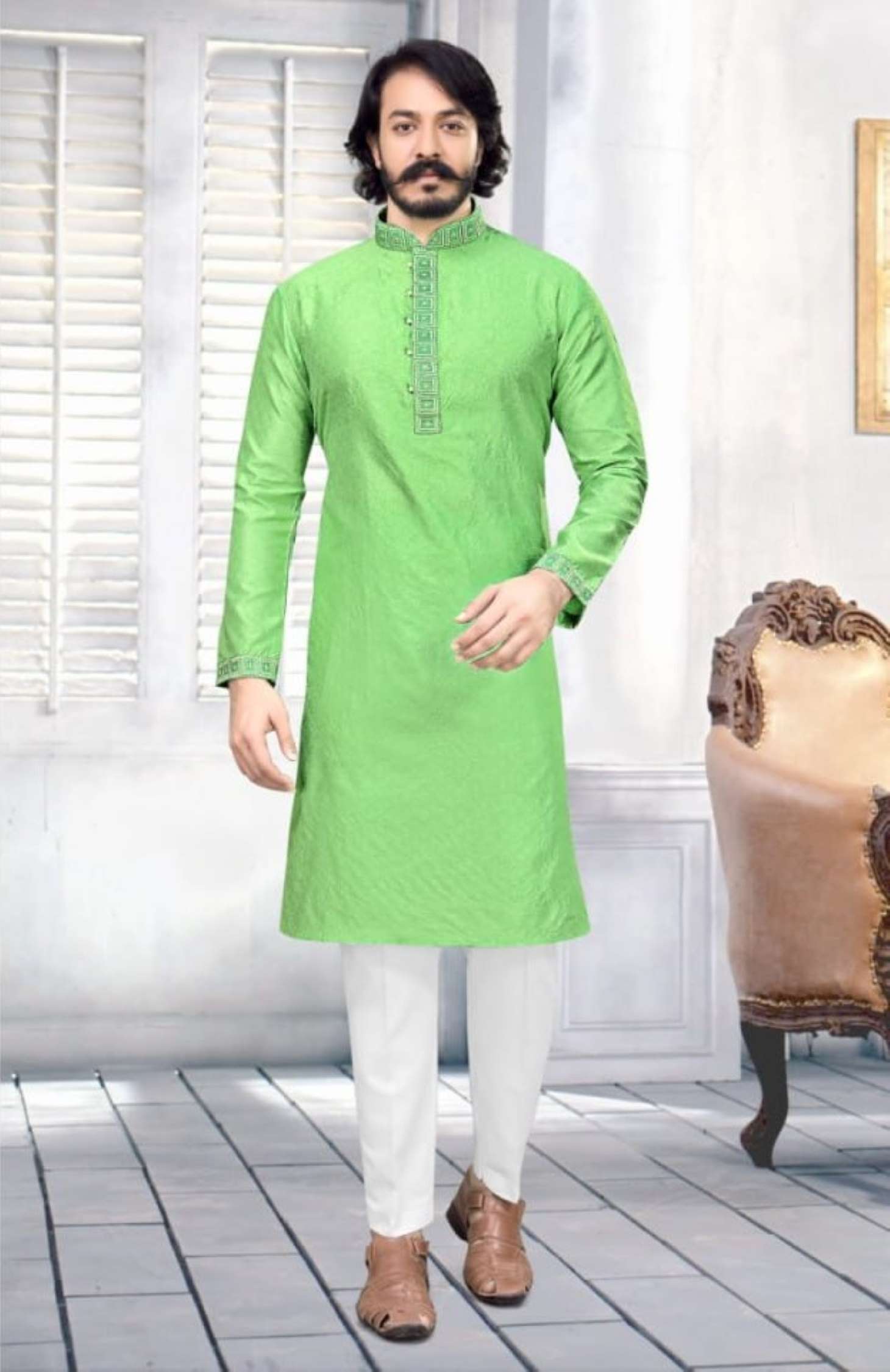 Sumshy Radhey Designer Silk Jacquard Mens Kurta Pajama
