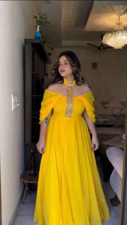 Sumshy Latest Designer Yellow Faux Georgette Gown