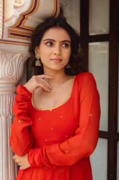 Sumshy Faux Georgette Orang Gown With Dupatta