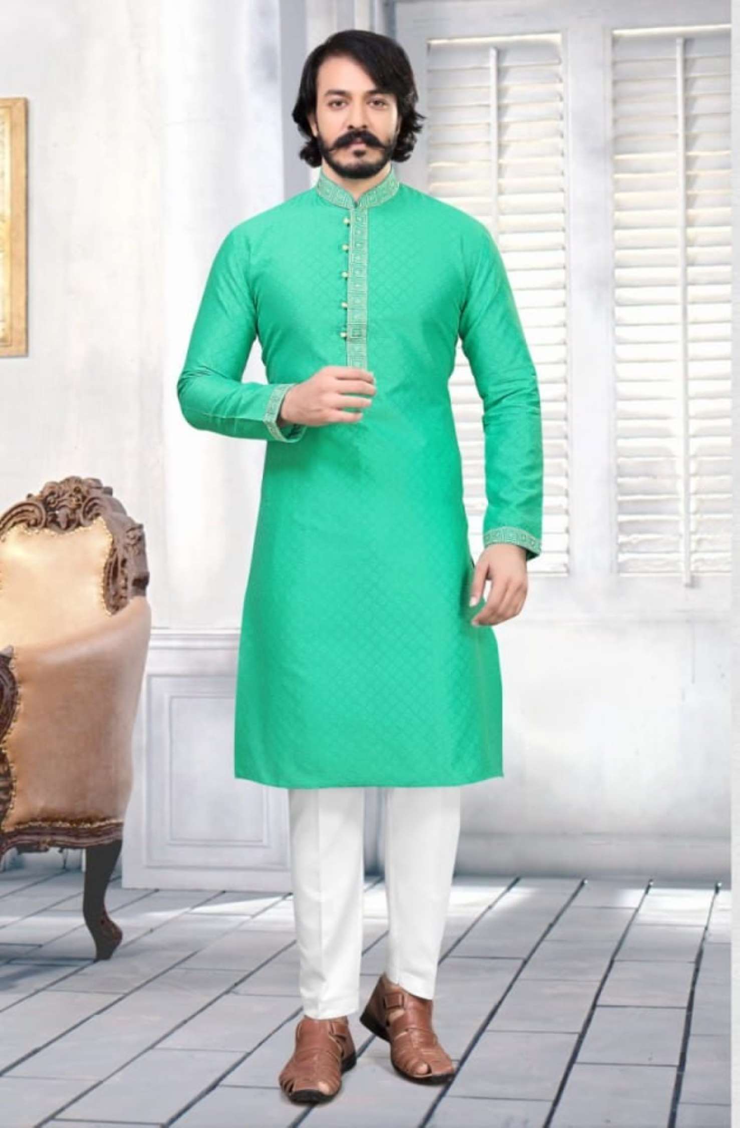 Sumshy Radhey Designer Silk Jacquard Mens Kurta Pajama