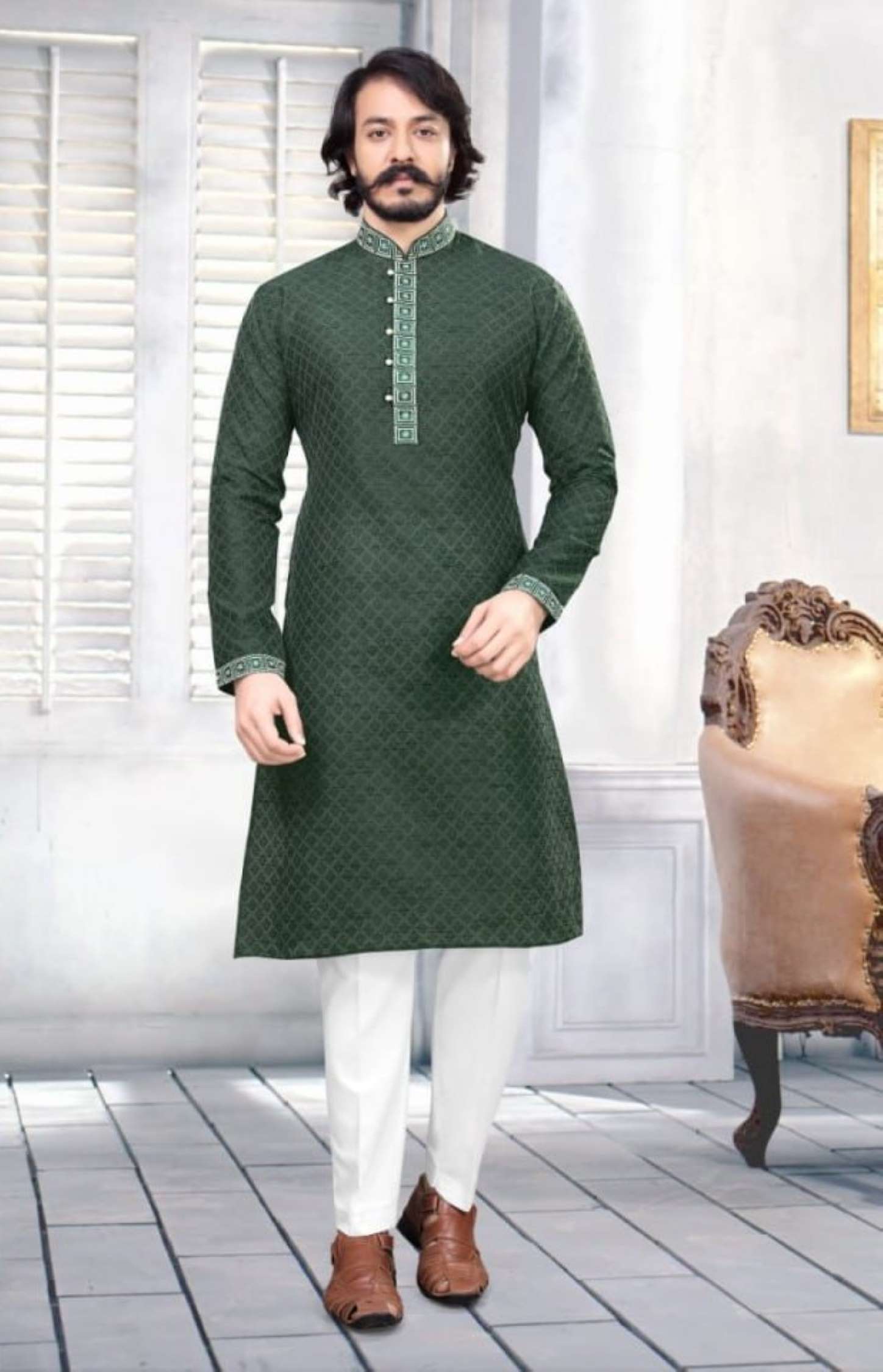 Sumshy Radhey Designer Silk Jacquard Mens Kurta Pajama
