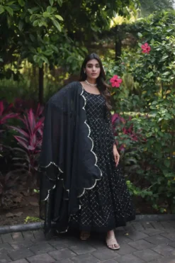 W9157 Faux Georgette Black Gown with Dupatta