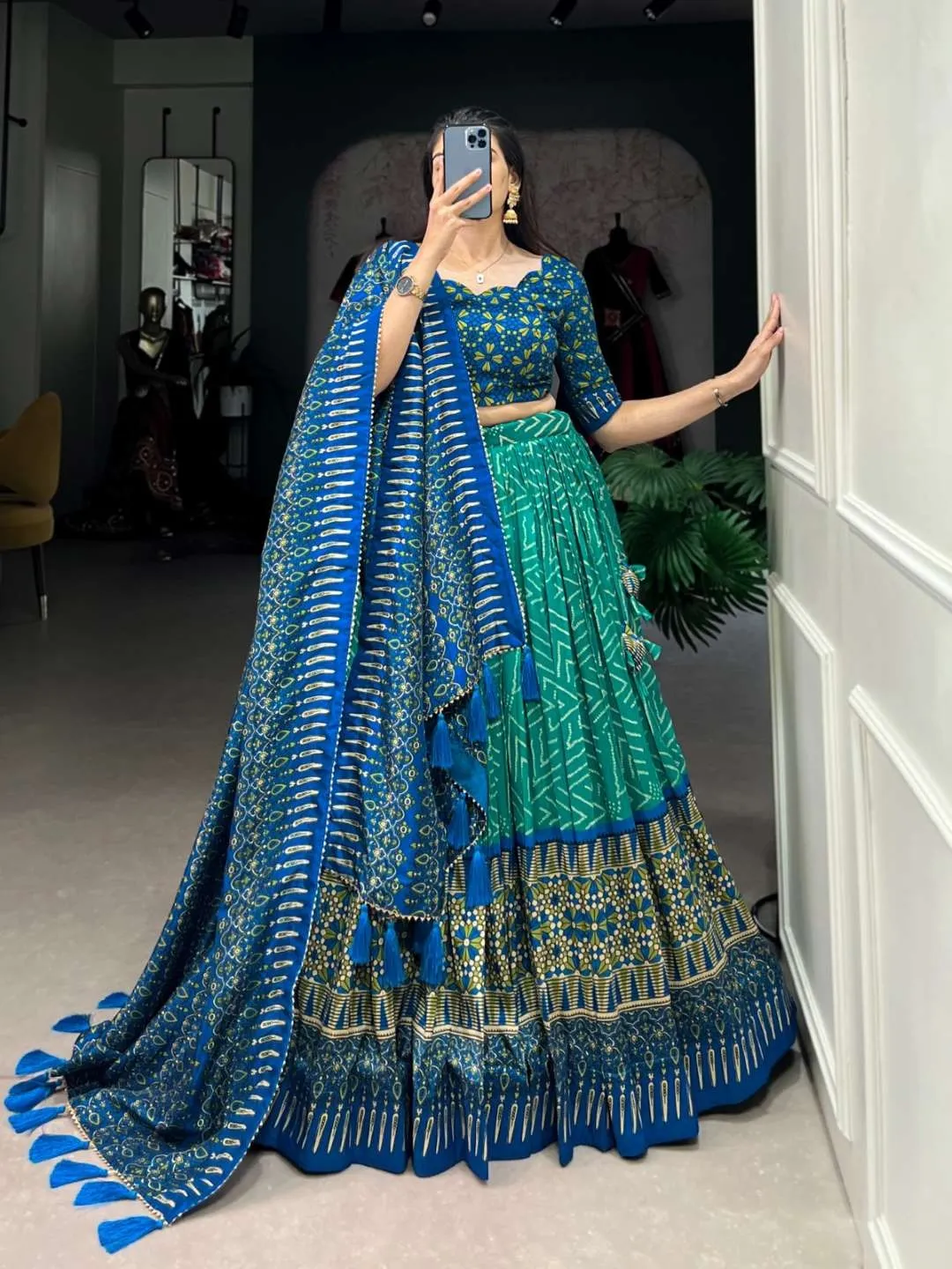 WMN 1226 Ajarakh Print Silk Lehenga Choli Online
