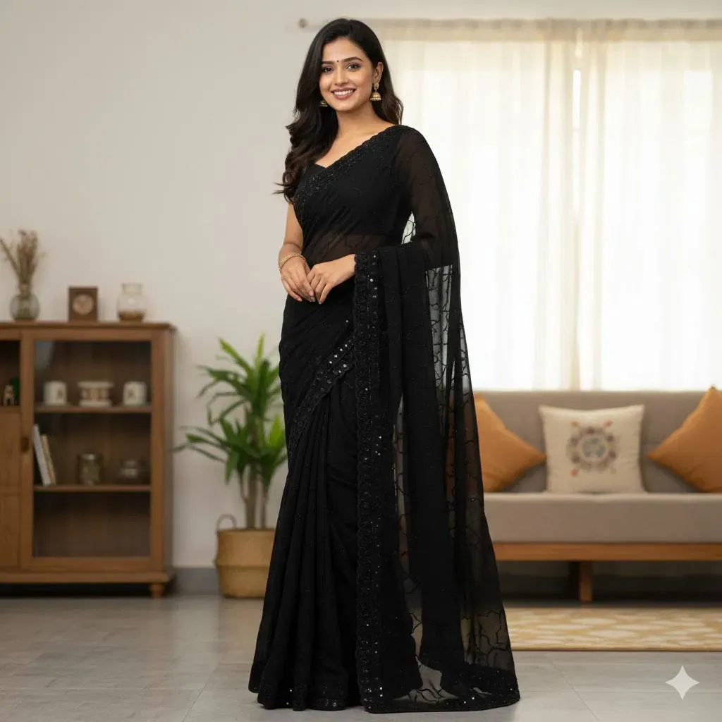 Kc 1004 Georgette Black Beeds Bollywood Fancy Saree Sarees