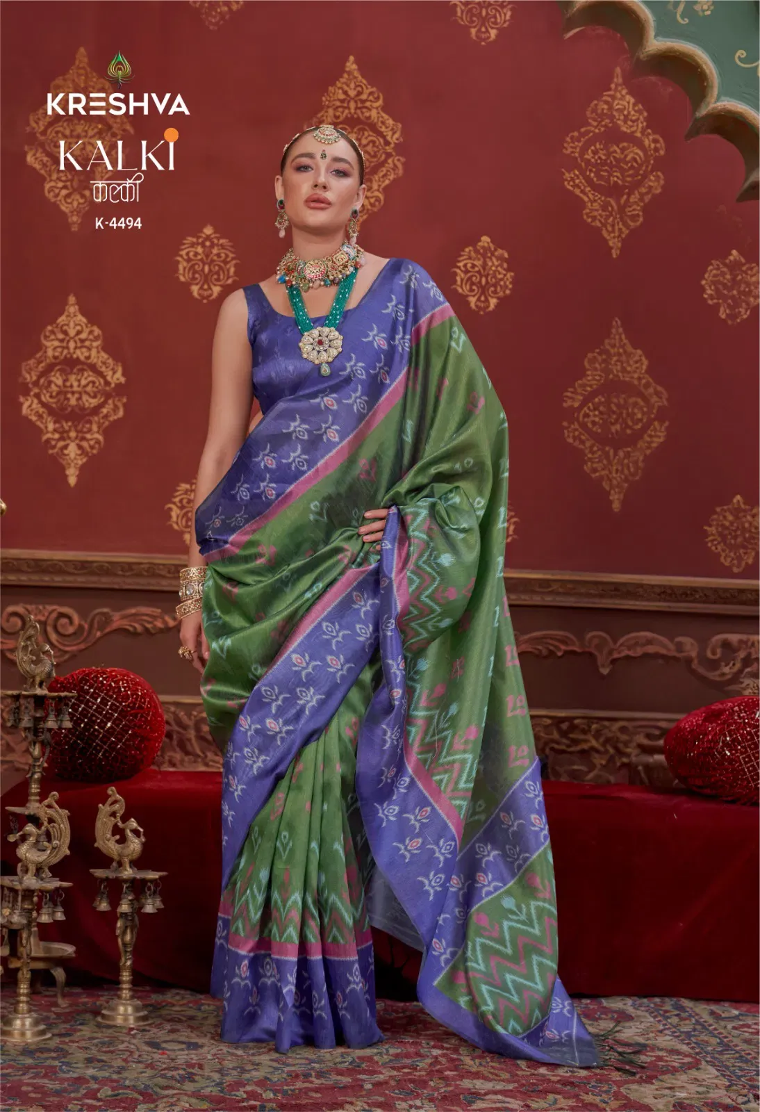 Kreshva Kalki Silk Ikkat Design with Hand Marmo Finish Saree Collection Sarees