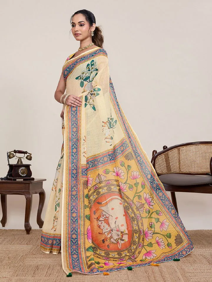Maahi 216 Linen Printed with Zari Lace Saree Collection Sarees