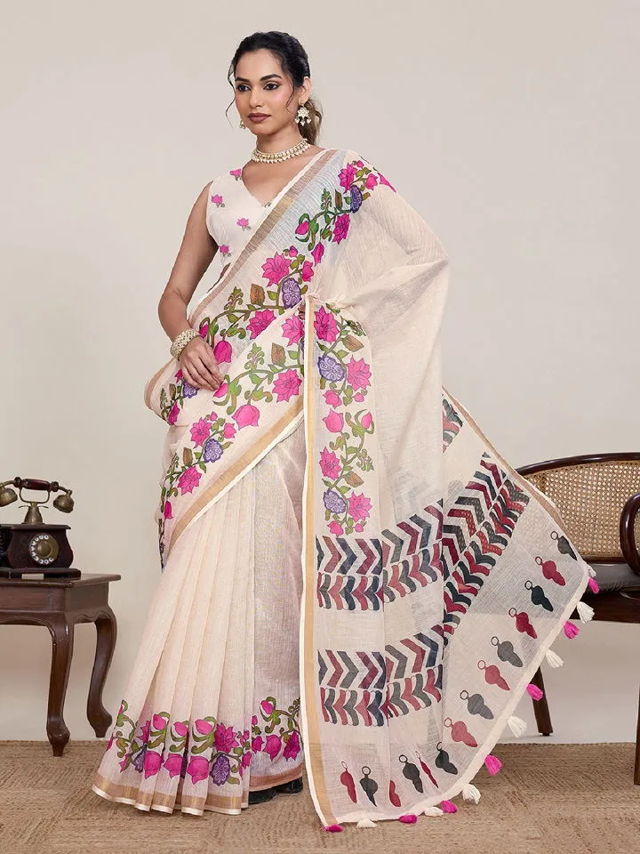 Maahi 216 Linen Printed with Zari Lace Saree Collection Sarees