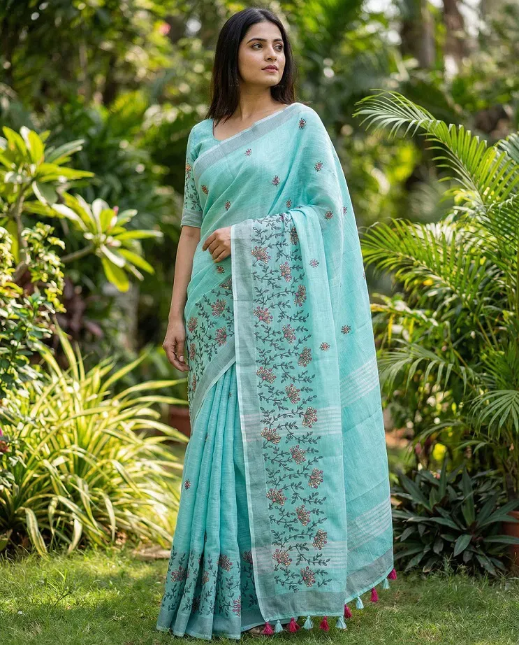 Mahek 211 Linen Cotton Festival Wear Embroidery Saree Collection Sarees