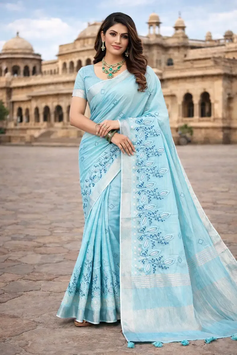 Mahek 217 Linen Cotton Embroidery Worked Fancy Saree Collection Sarees