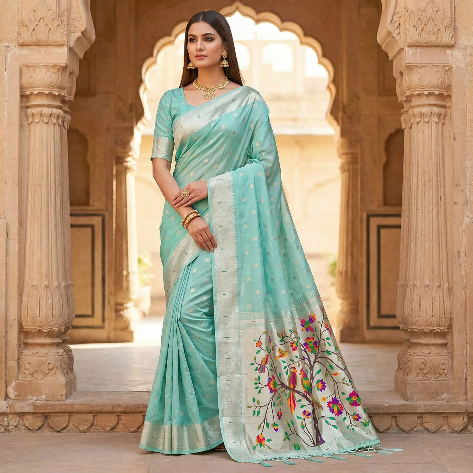 Mb 1111 Organza Silk Woven Butti Motifs Paithani Saree Collection Sarees