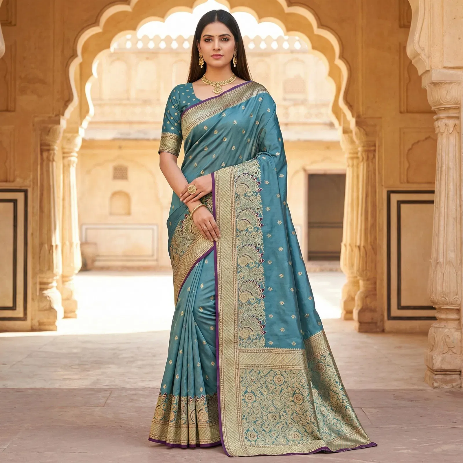 Mb 12 Satin Golden Butta Motifs Festival Saree Collection Sarees