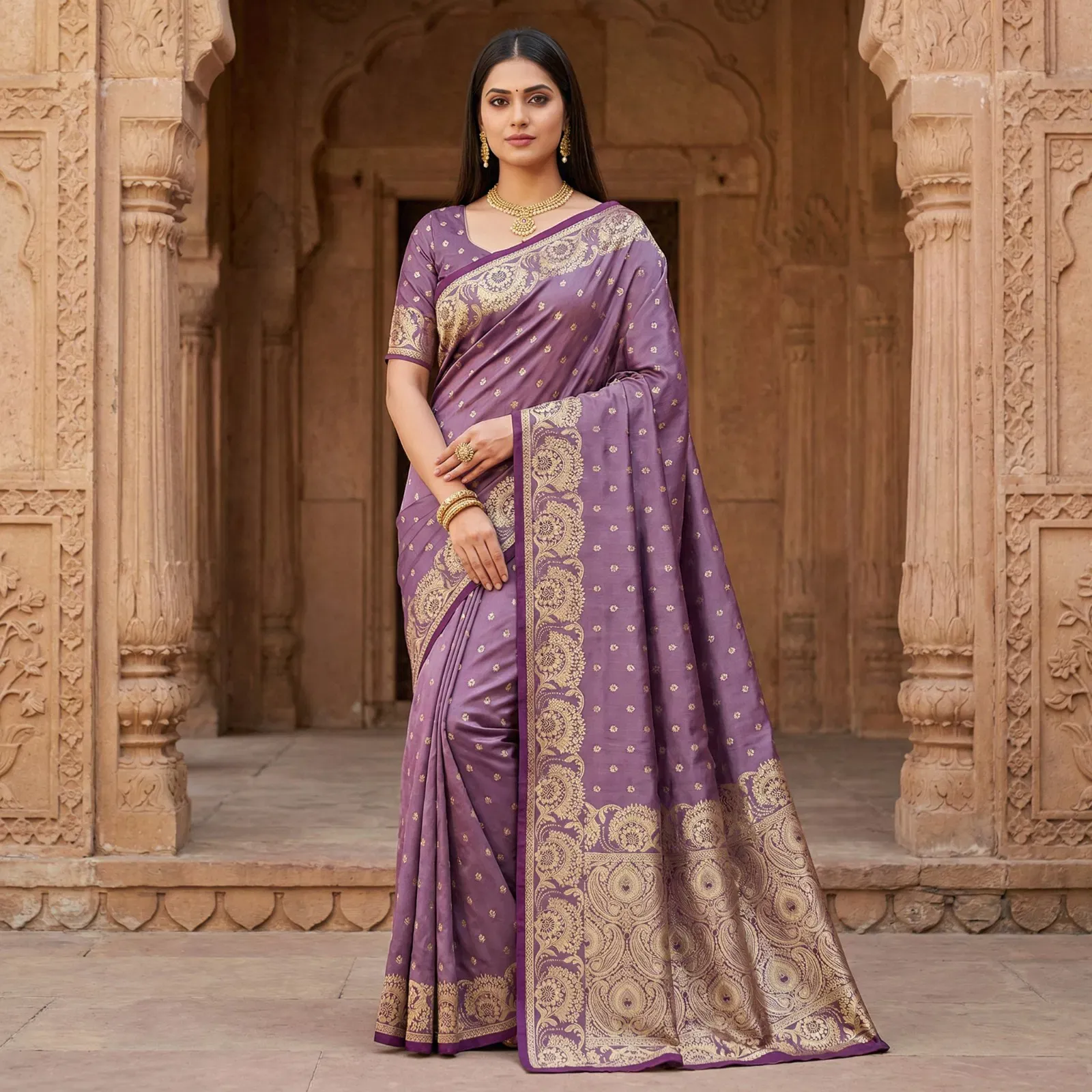 Mb 8 Satin Silk Golden Butta Woven Saree Collection Sarees